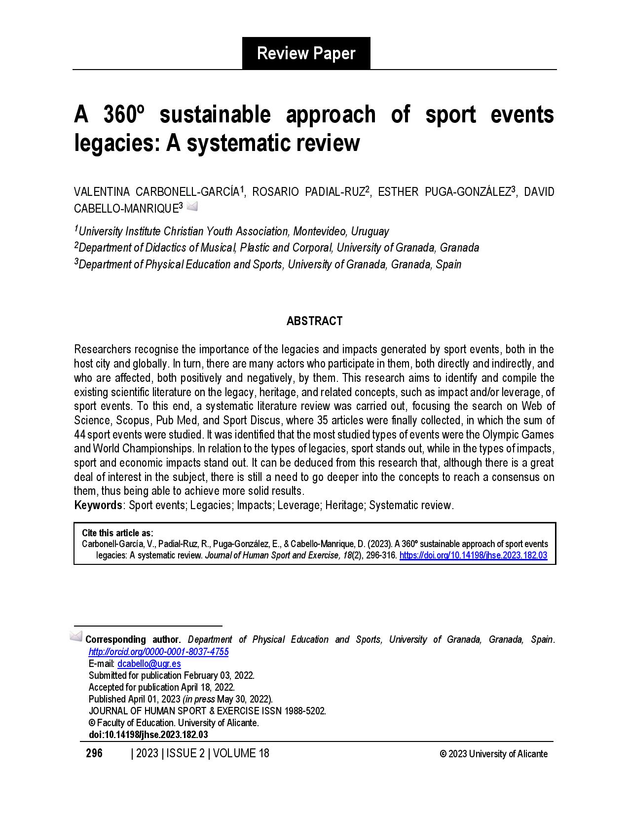 A 360º sustainable approach of sport events legacies: A systematic review