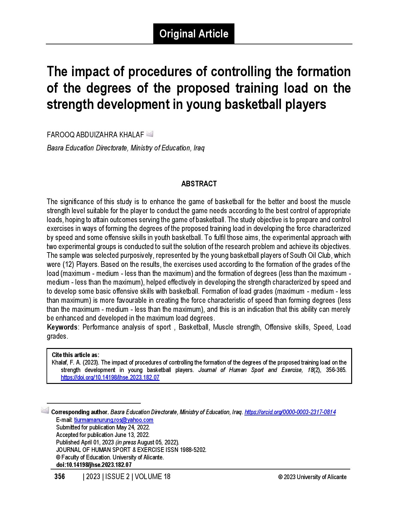 The impact of procedures of controlling the formation of the degrees of the proposed training load on the strength development in young basketball players