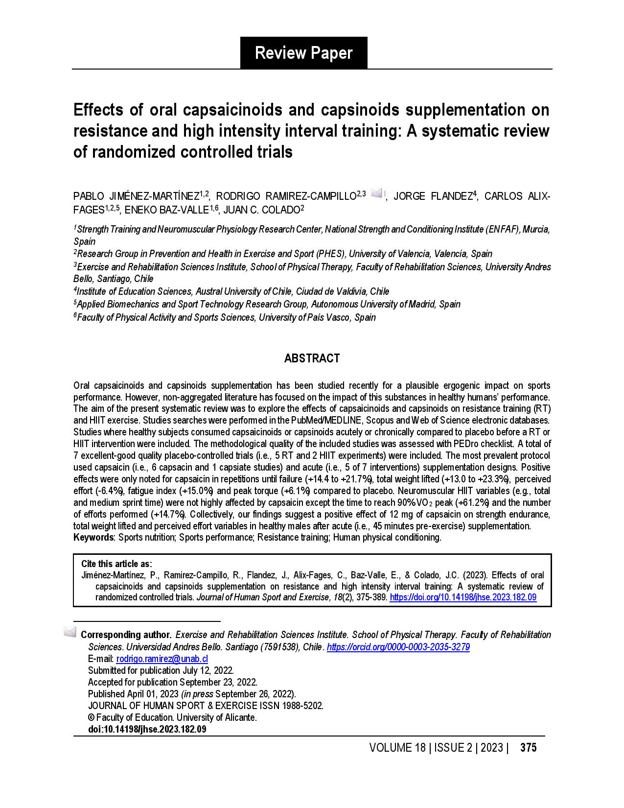 Effects of oral capsaicinoids and capsinoids supplementation on resistance and high intensity interval training: A systematic review of randomized controlled trials