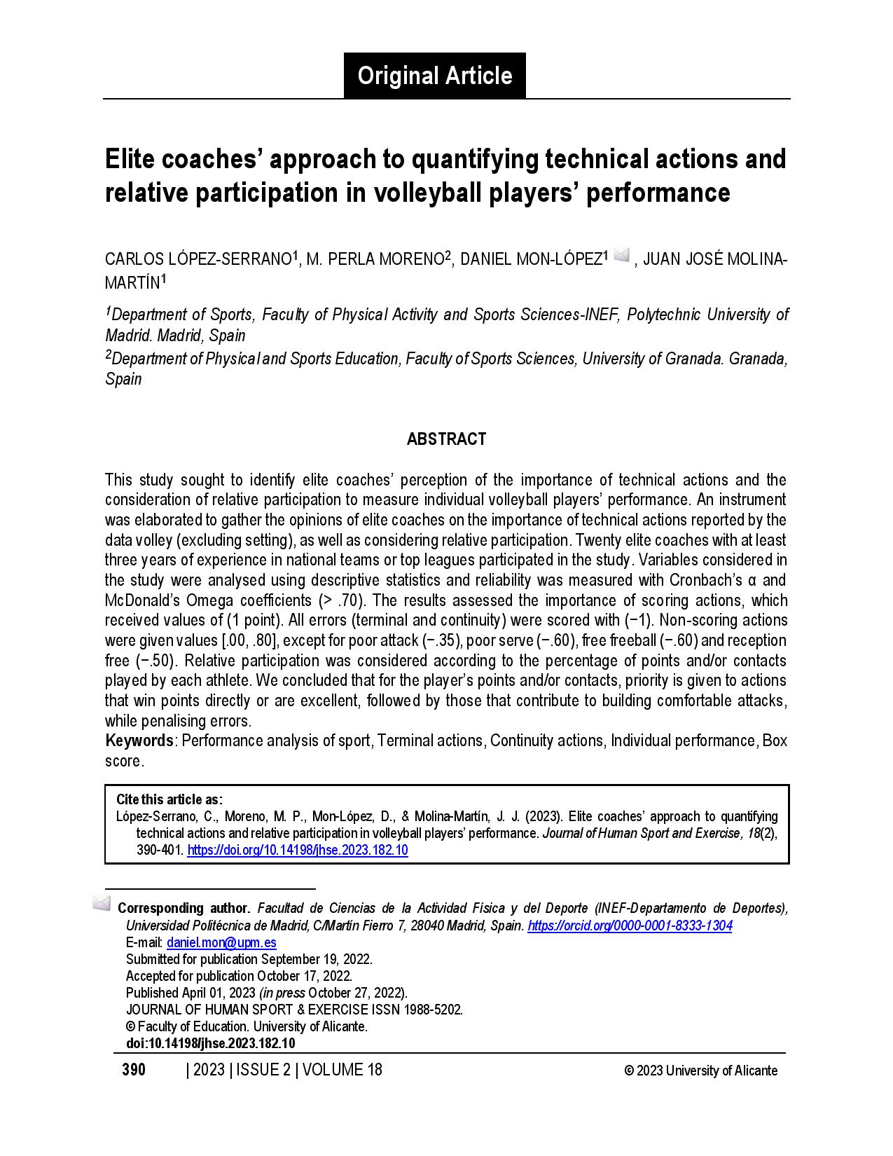 Elite coaches’ approach to quantifying technical actions and relative participation in volleyball players’ performance