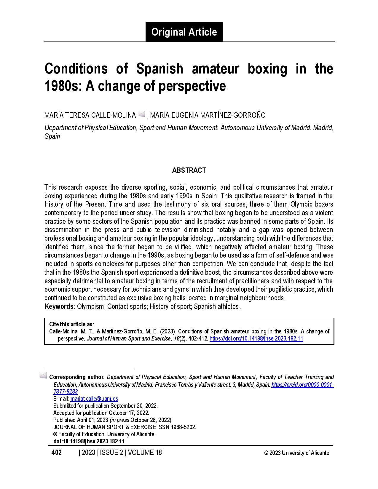 Conditions of Spanish amateur boxing in the 1980s: A change of perspective