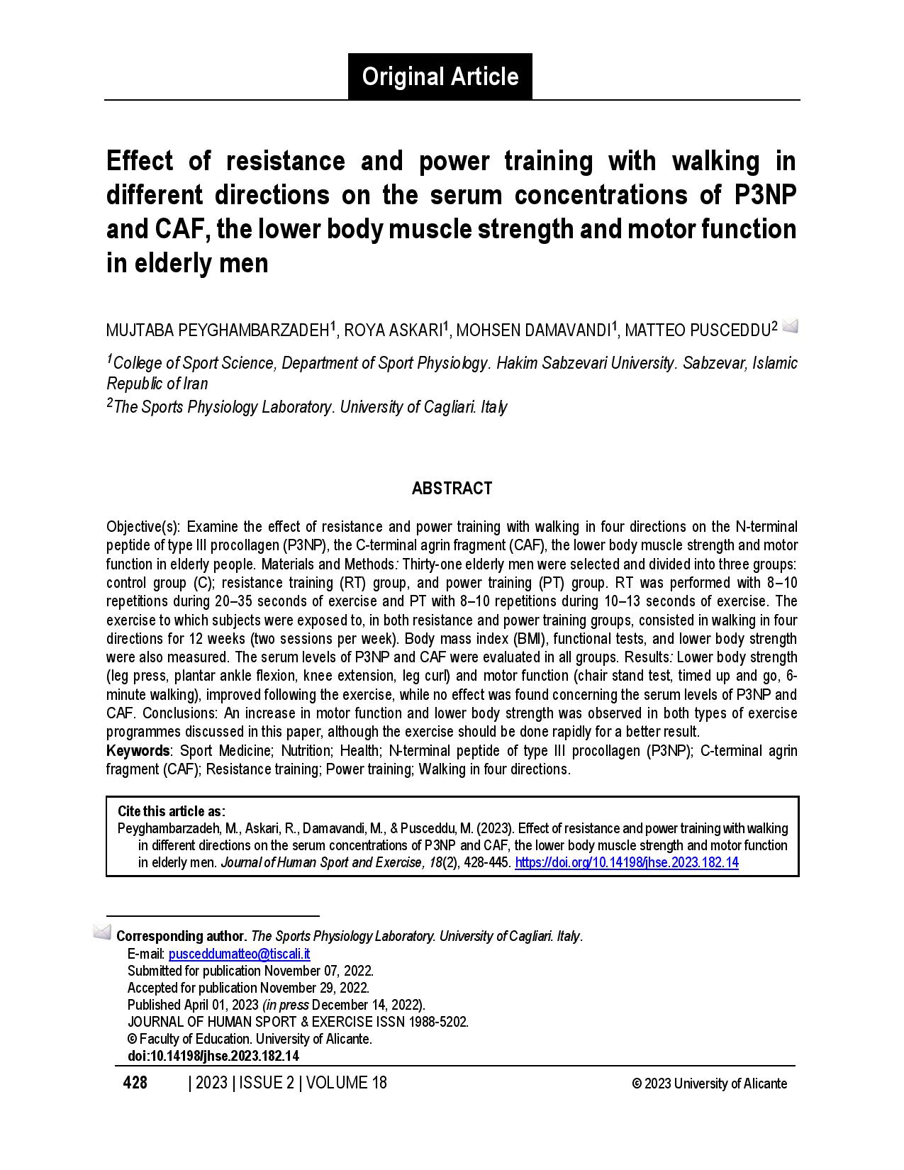 Effect of resistance and power training with walking in different directions on the serum concentrations of P3NP and CAF, the lower body muscle strength and motor function in elderly men