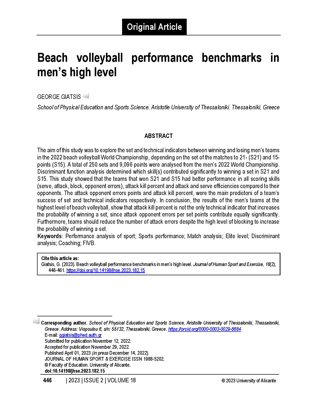 Beach volleyball performance benchmarks in men’s high level