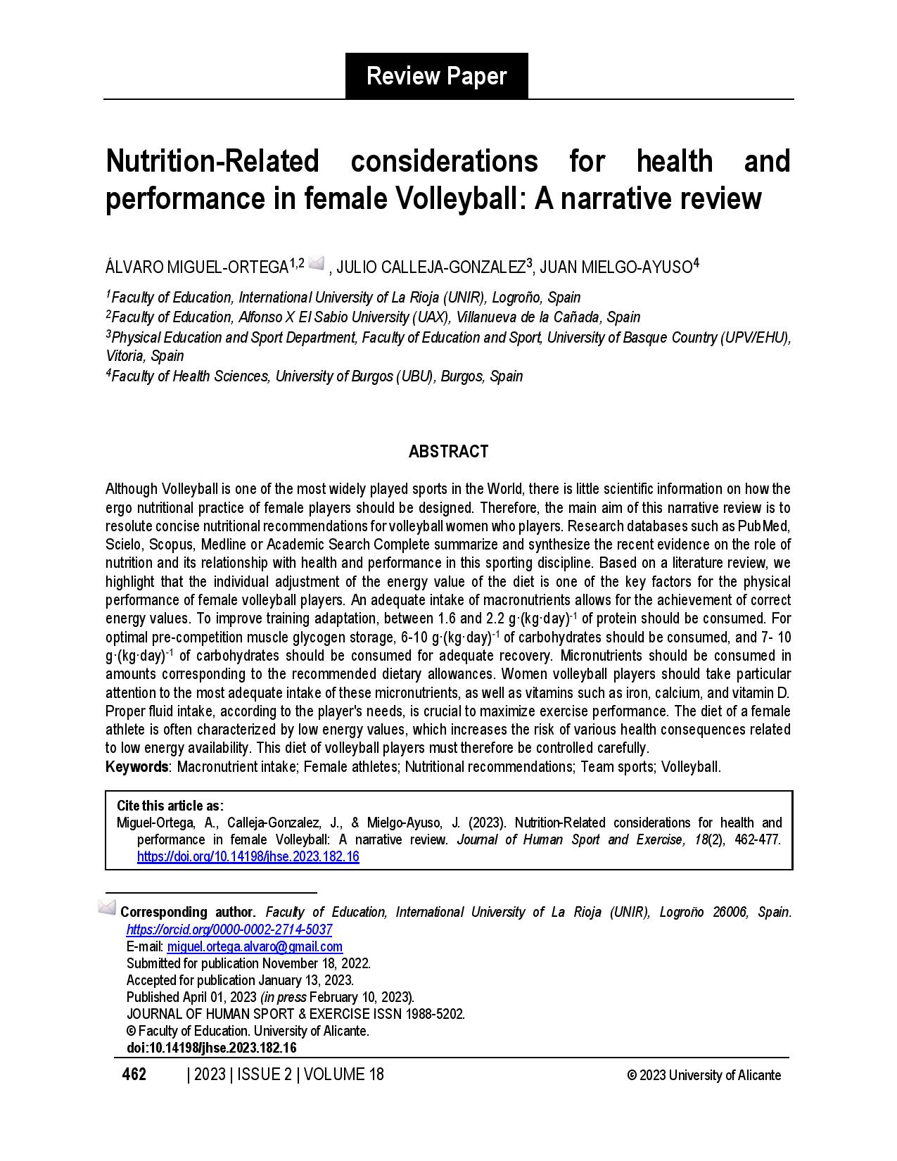 Nutrition-Related considerations for health and performance in female Volleyball: A narrative review