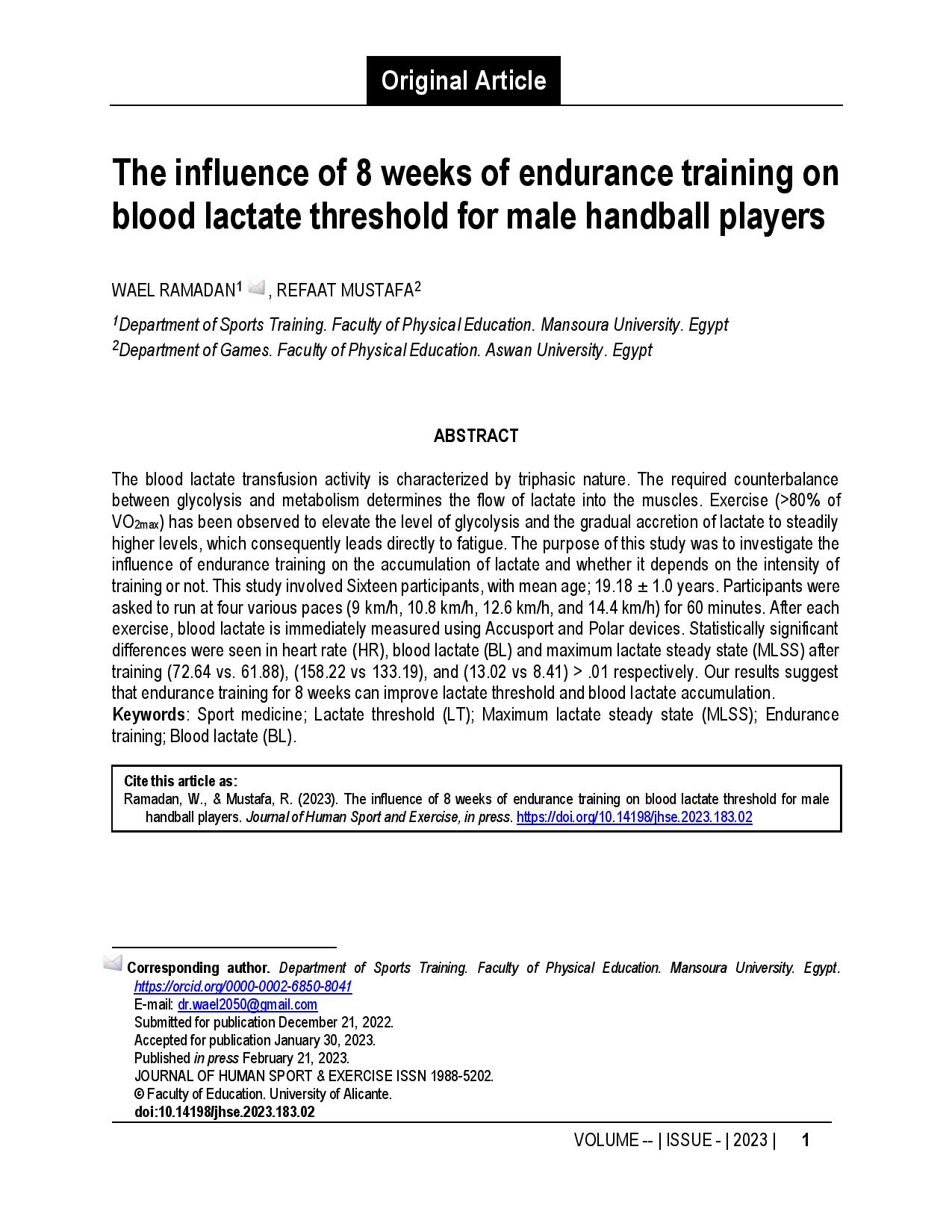 The influence of 8 weeks of endurance training on blood lactate threshold for male handball players