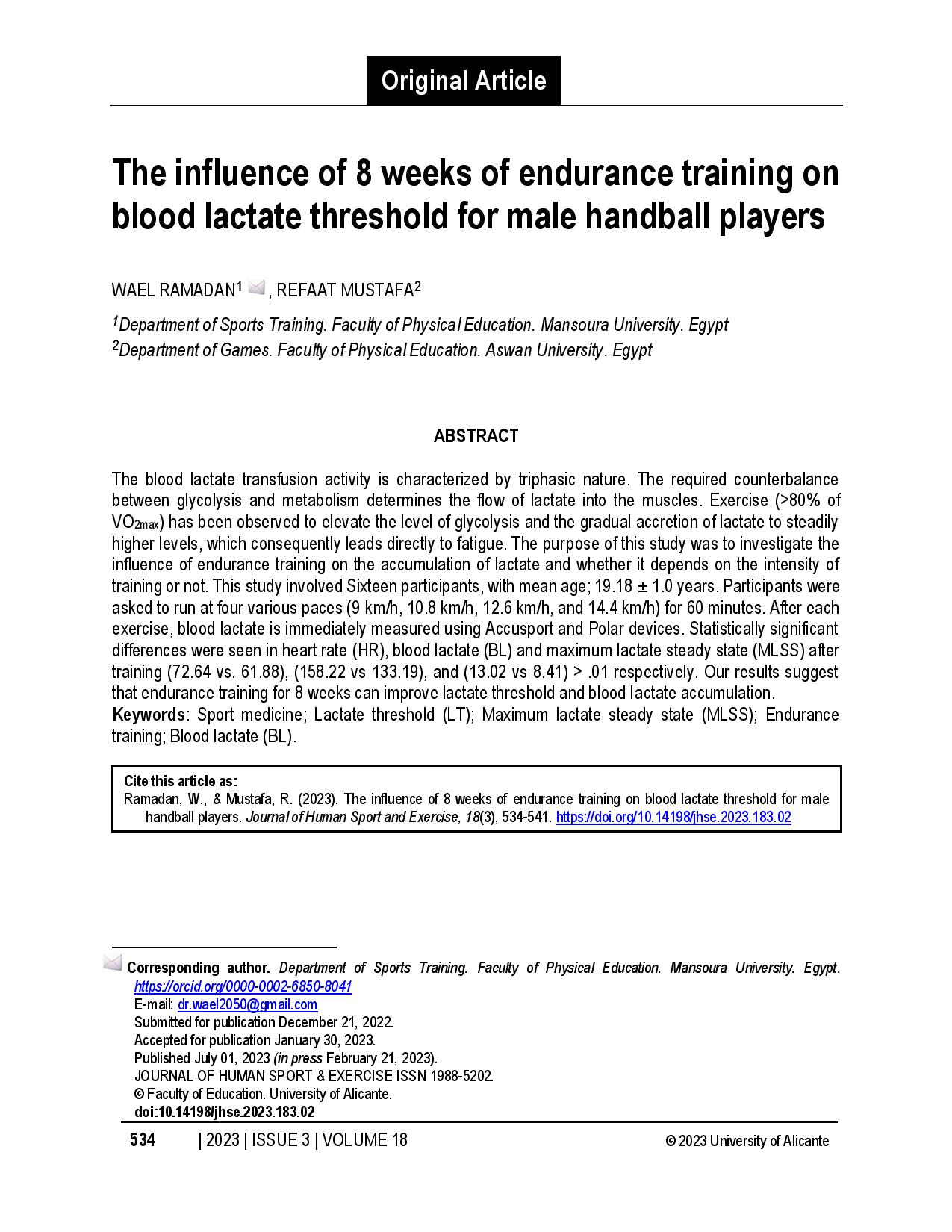The influence of 8 weeks of endurance training on blood lactate threshold for male handball players