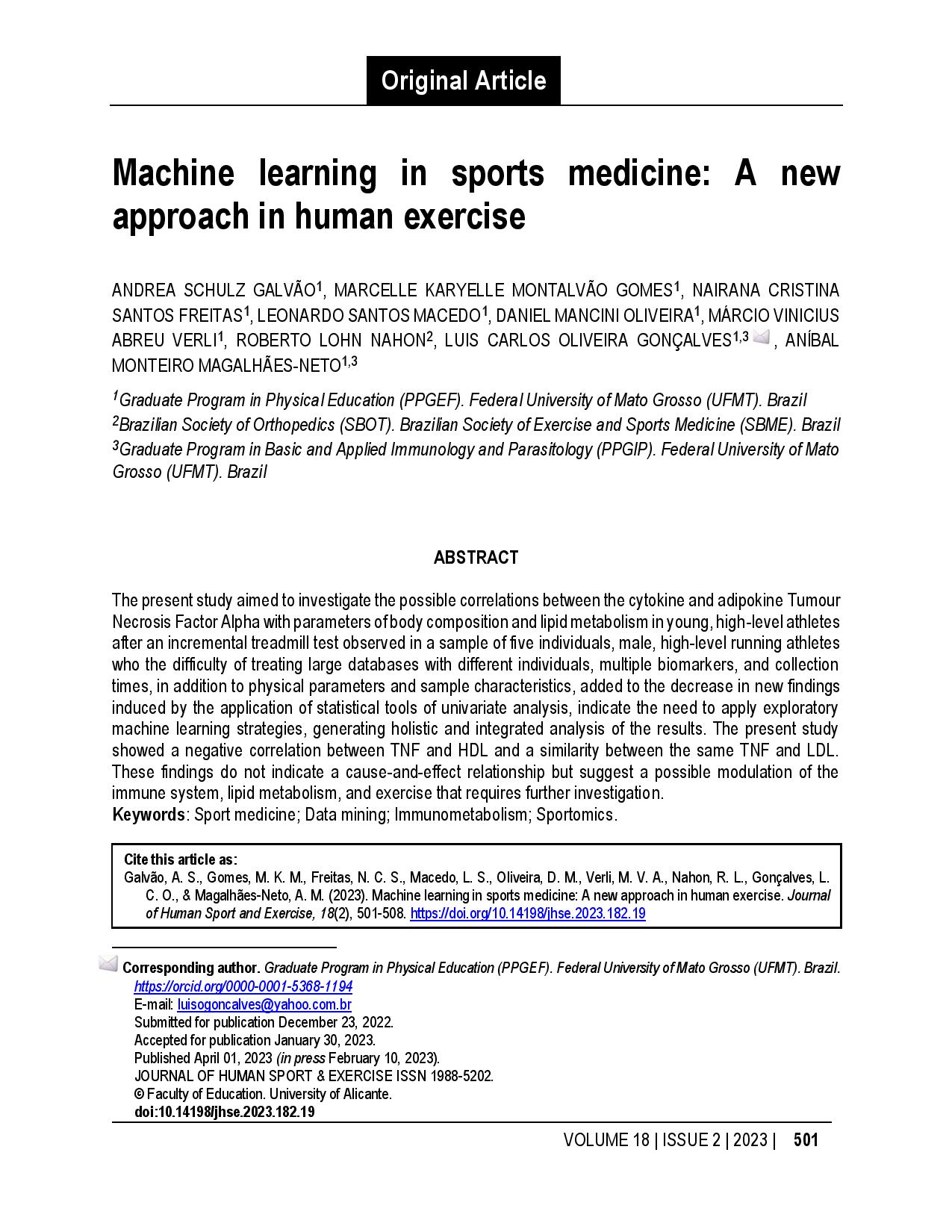 Machine learning in sports medicine: A new approach in human exercise