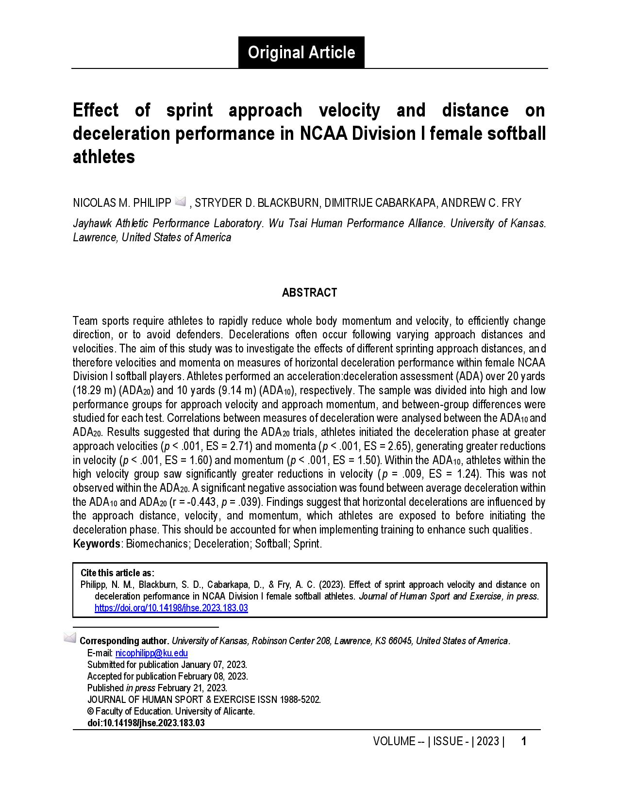 Effect of sprint approach velocity and distance on deceleration performance in NCAA Division I female softball athletes