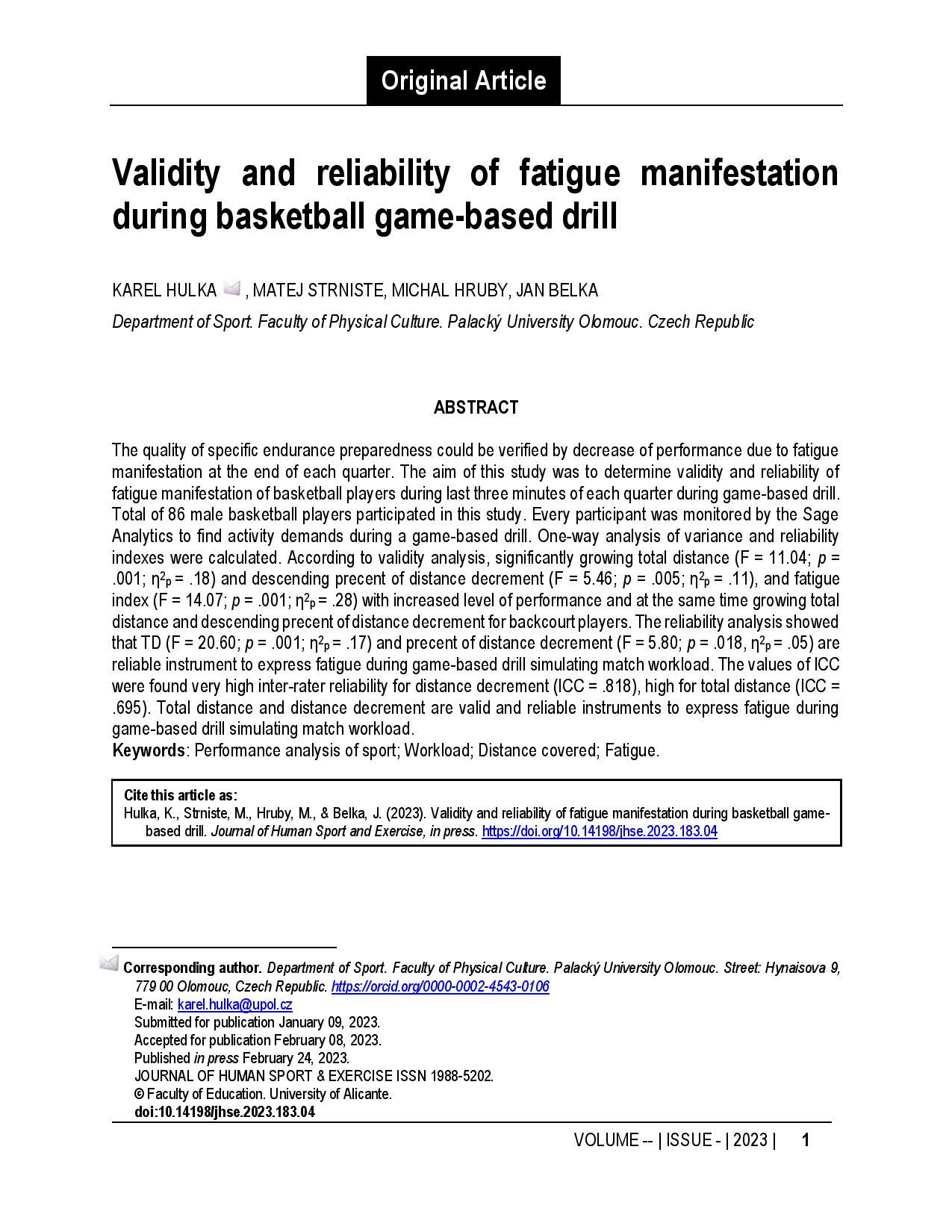 Validity and reliability of fatigue manifestation during basketball game-based drill