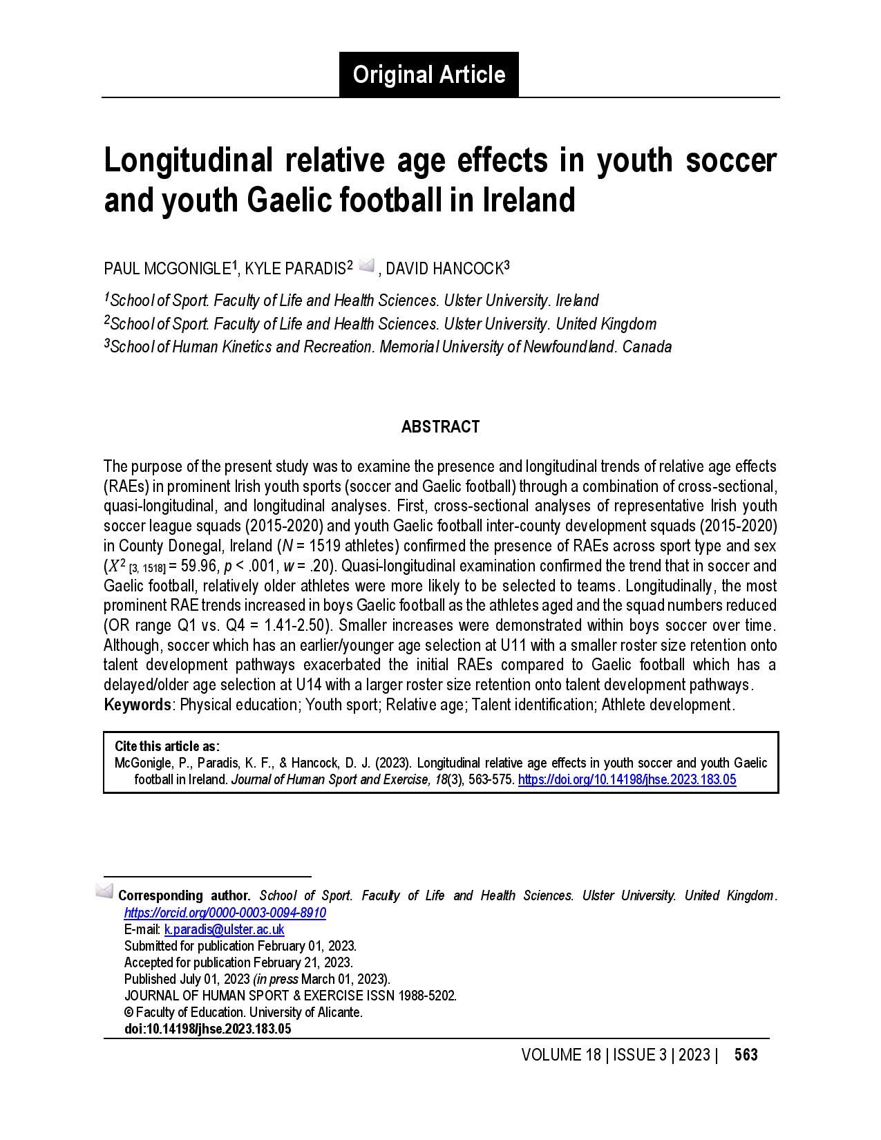 Longitudinal relative age effects in youth soccer and youth Gaelic football in Ireland