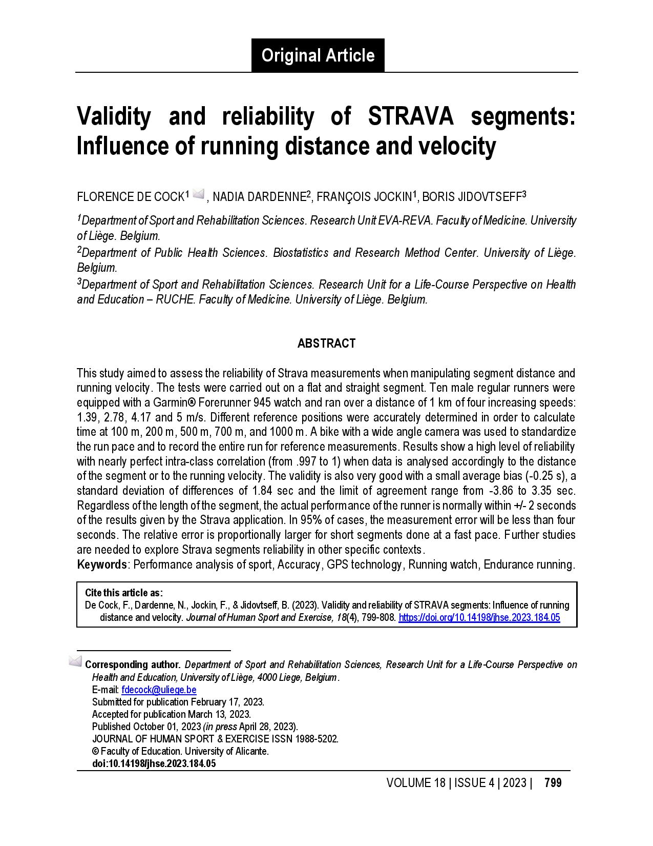 Validity and reliability of STRAVA segments: Influence of running distance and velocity