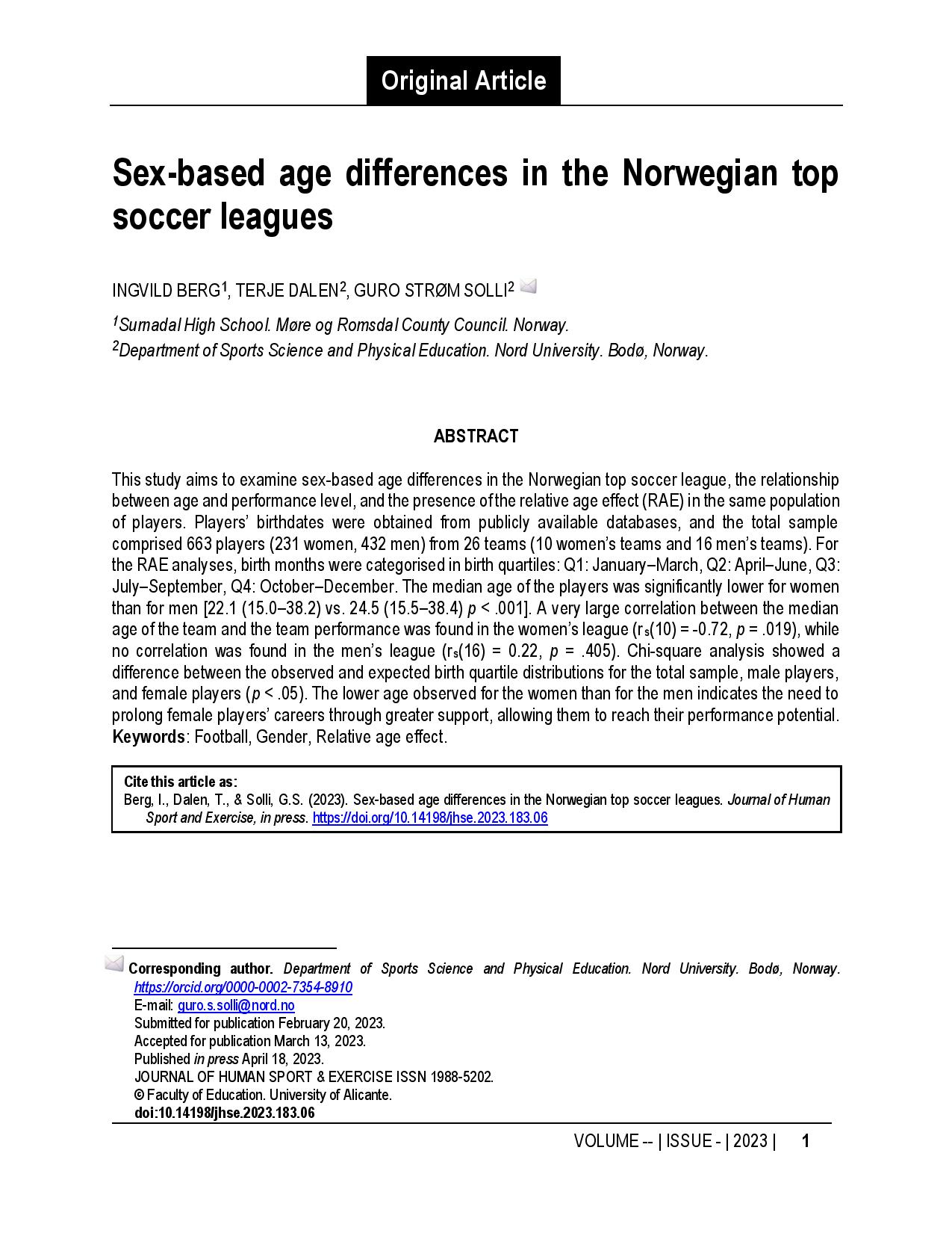 Sex-based age differences in the Norwegian top soccer leagues