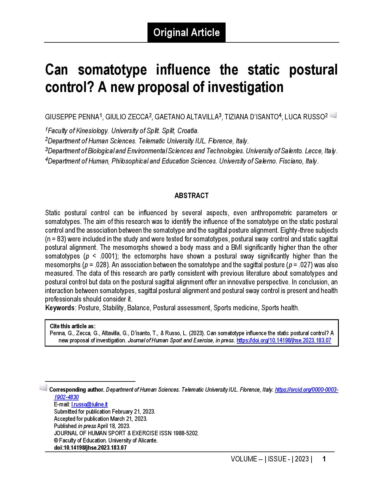Can somatotype influence the static postural control? A new proposal of investigation