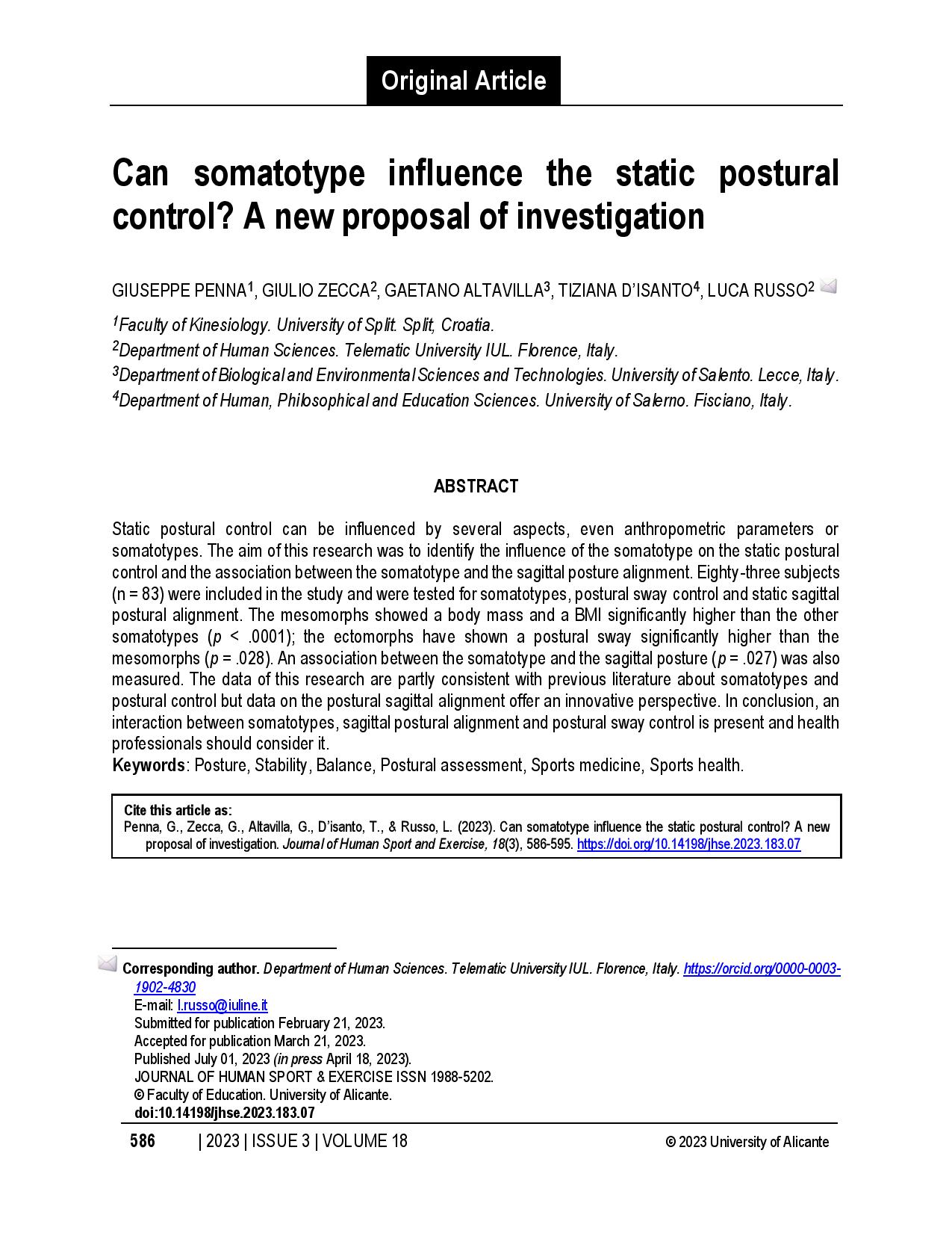 Can somatotype influence the static postural control? A new proposal of investigation
