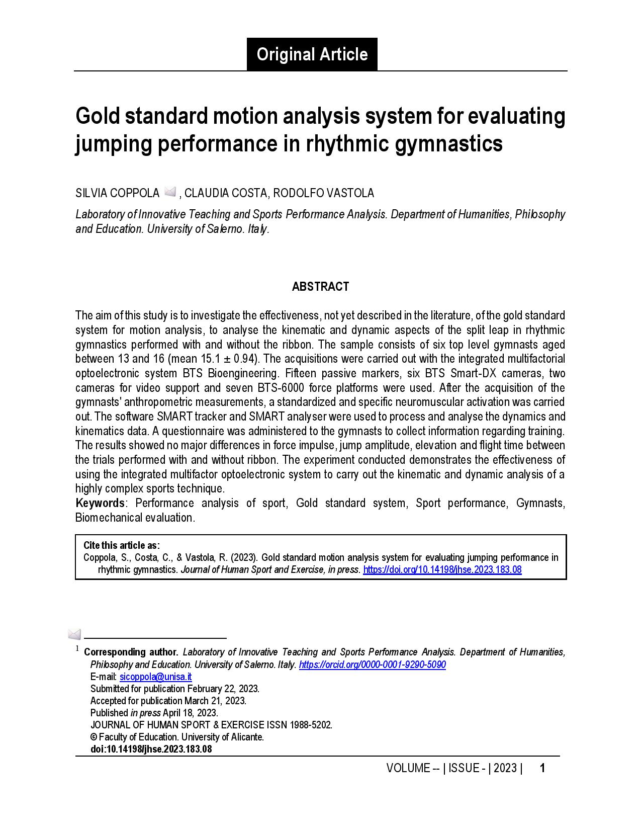 Gold standard motion analysis system for evaluating jumping performance in rhythmic gymnastics
