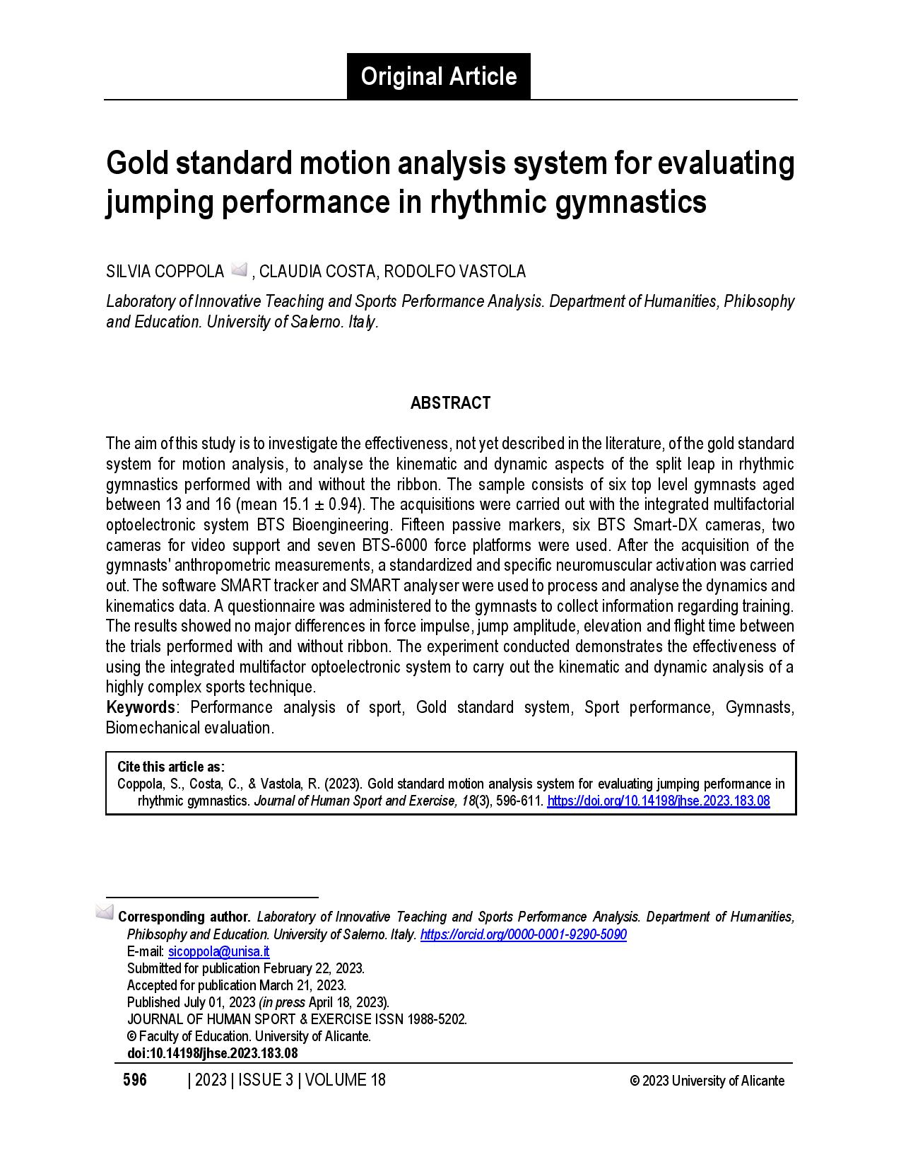 Gold standard motion analysis system for evaluating jumping performance in rhythmic gymnastics