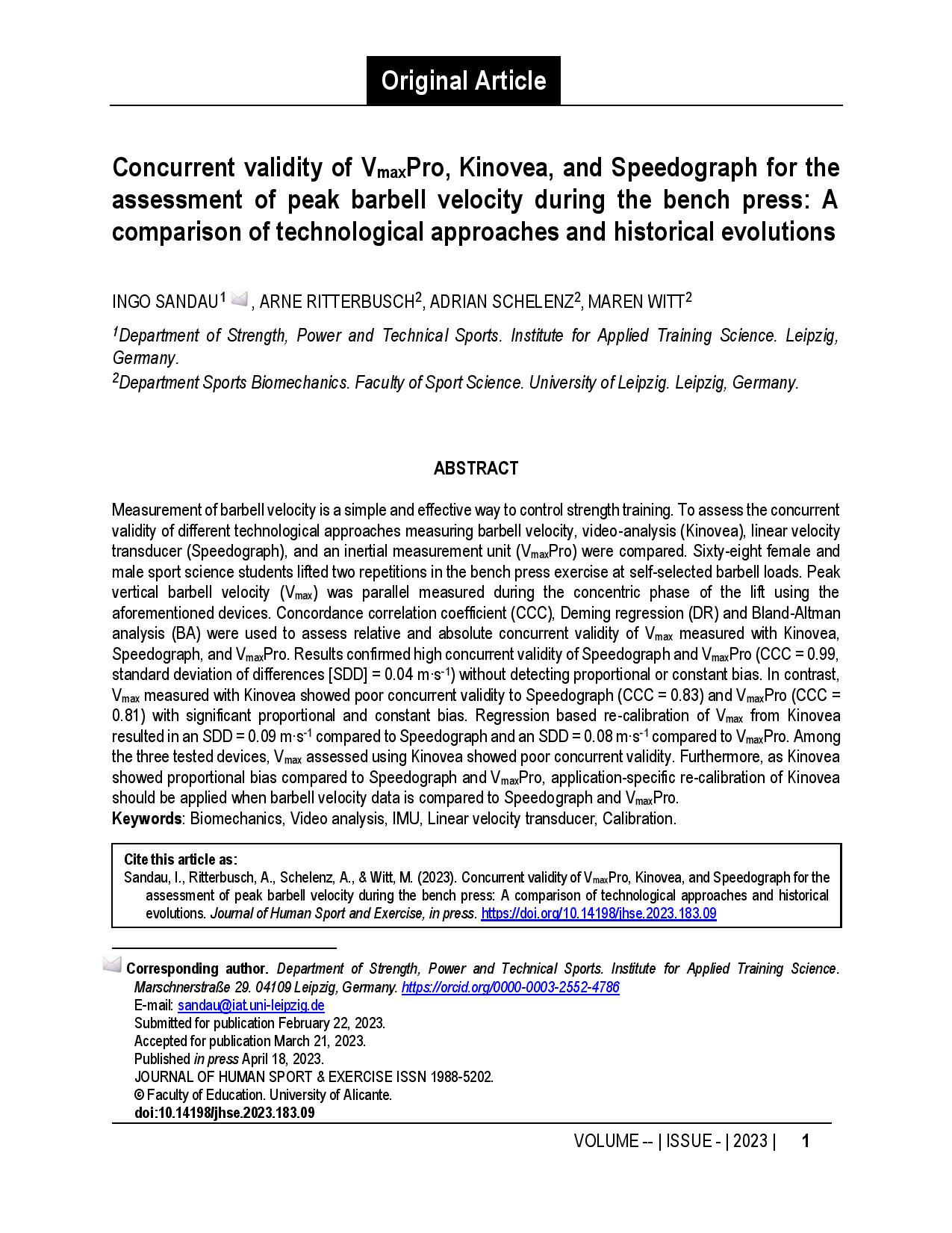 Concurrent validity of VmaxPro, Kinovea, and Speedograph for the assessment of peak barbell velocity during the bench press: A comparison of technological approaches and historical evolutions