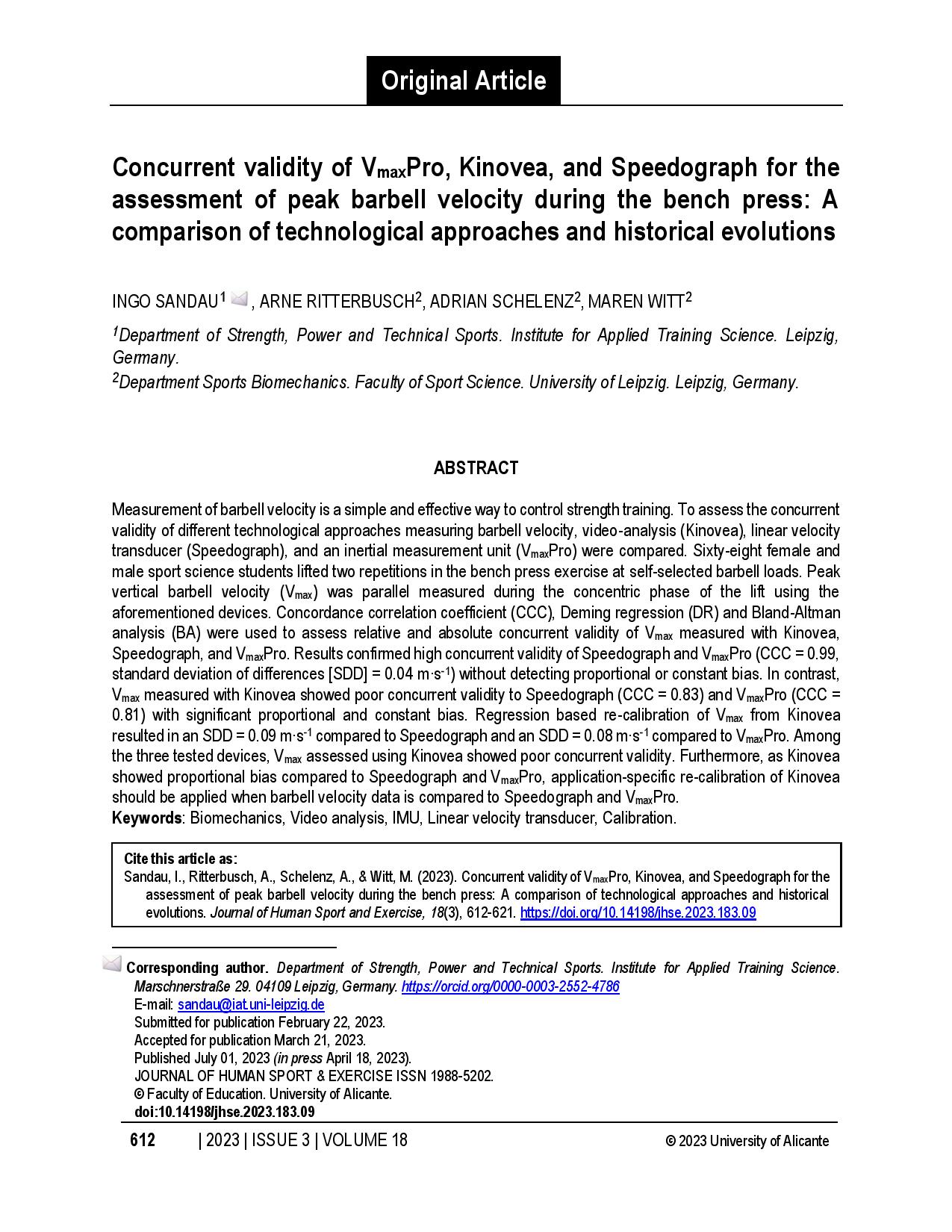Concurrent validity of VmaxPro, Kinovea, and Speedograph for the assessment of peak barbell velocity during the bench press: A comparison of technological approaches and historical evolutions