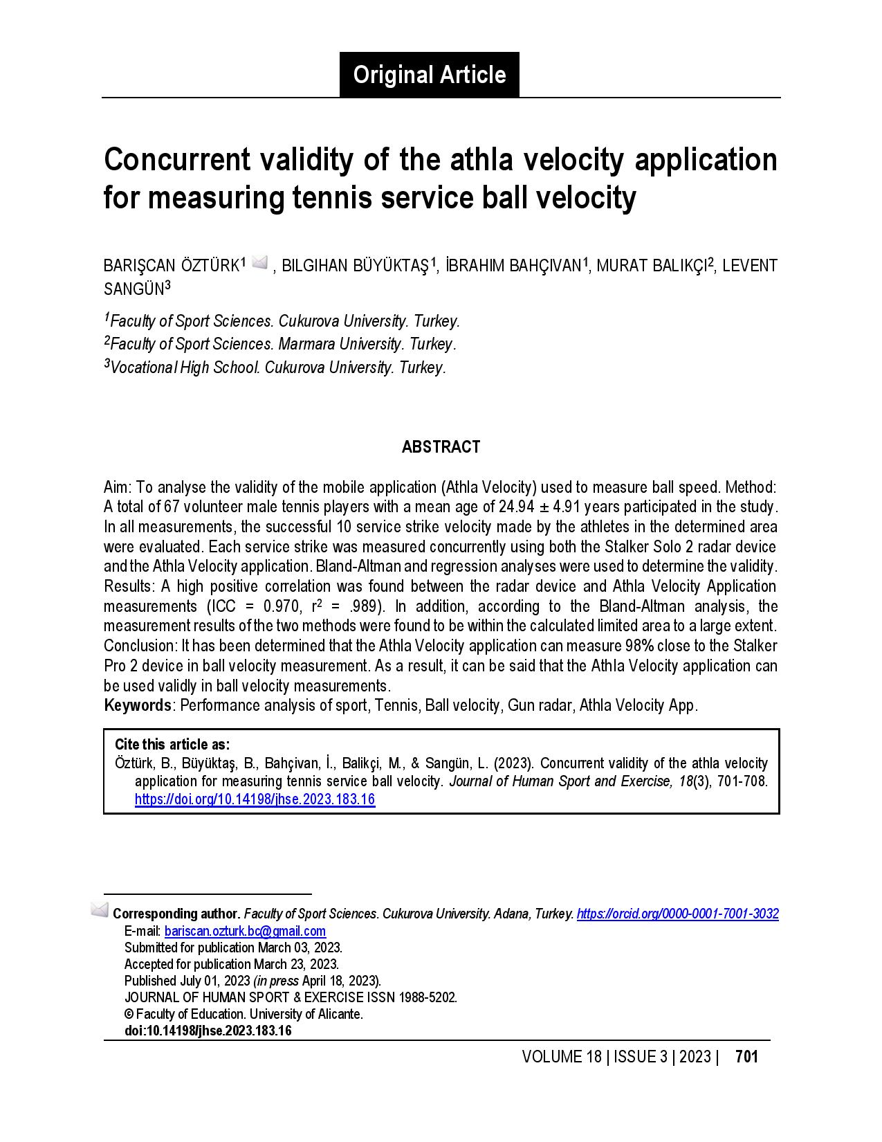 Concurrent validity of the athla velocity application for measuring tennis service ball velocity