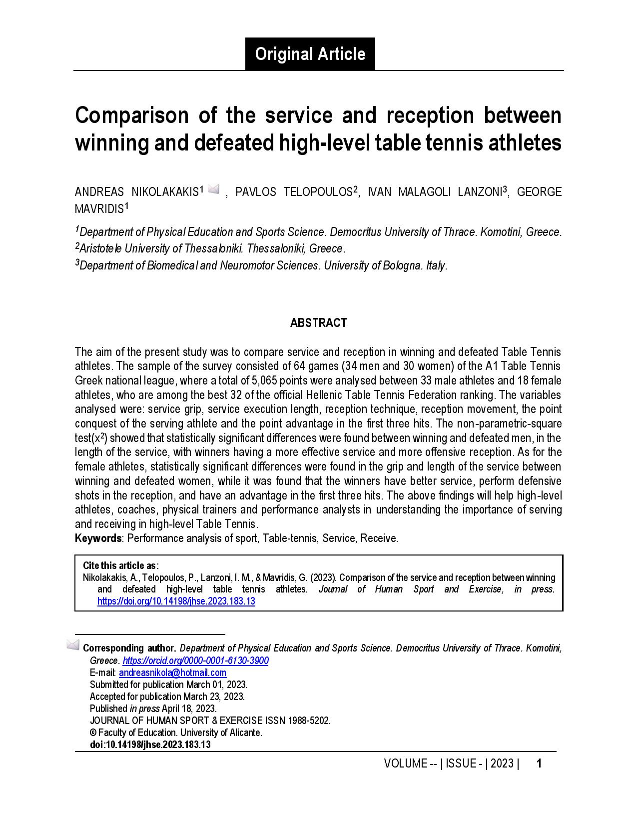 Comparison of the service and reception between winning and defeated high-level table tennis athletes