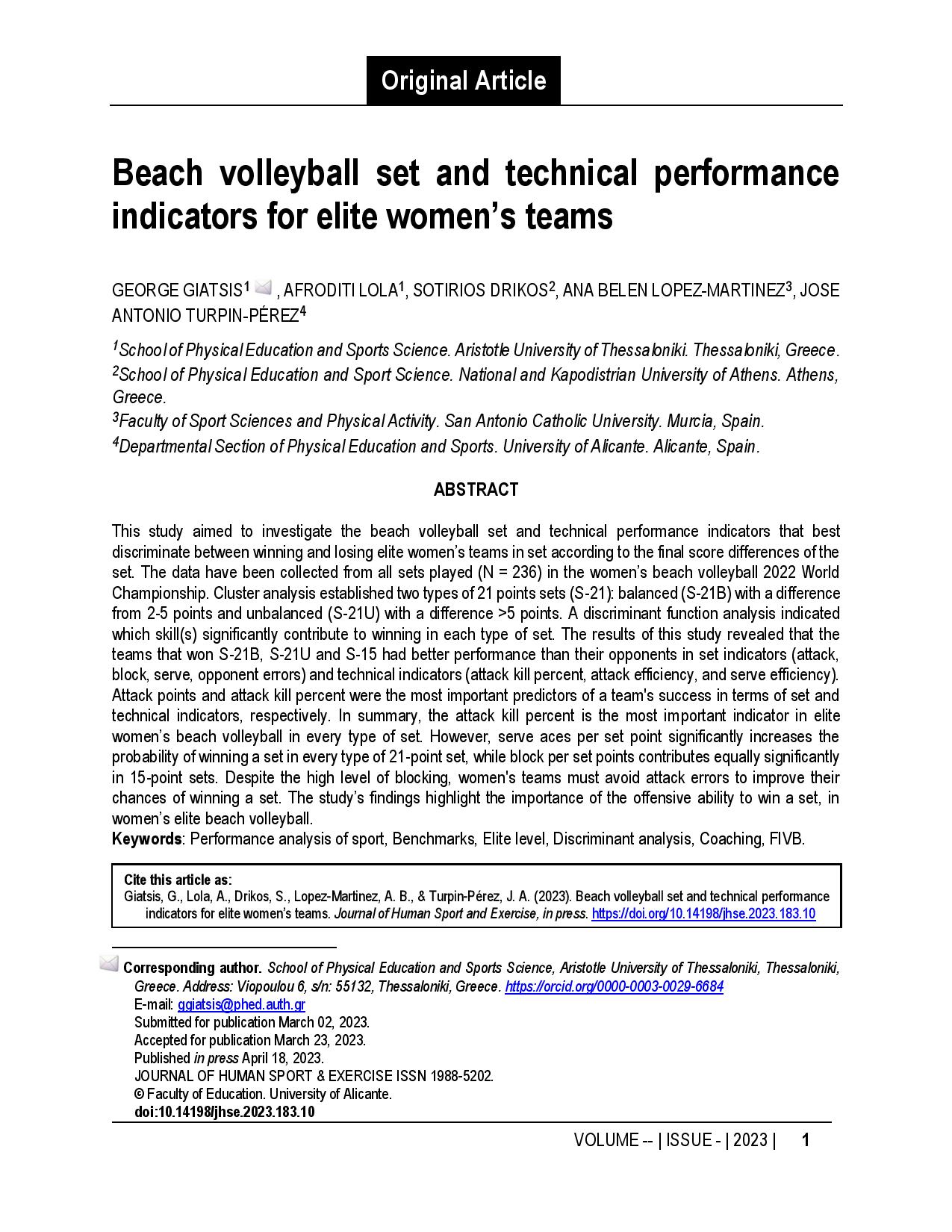 Beach volleyball set and technical performance indicators for elite women’s teams