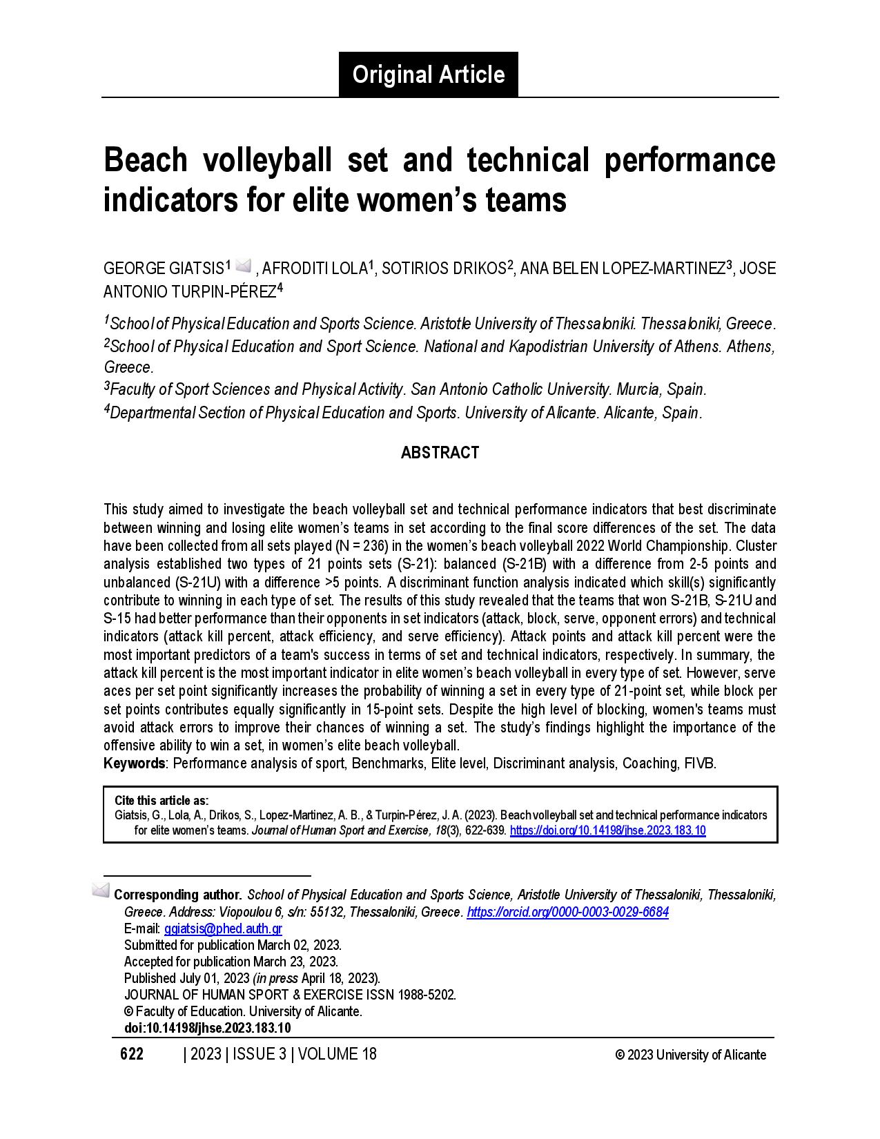 Beach volleyball set and technical performance indicators for elite women’s teams