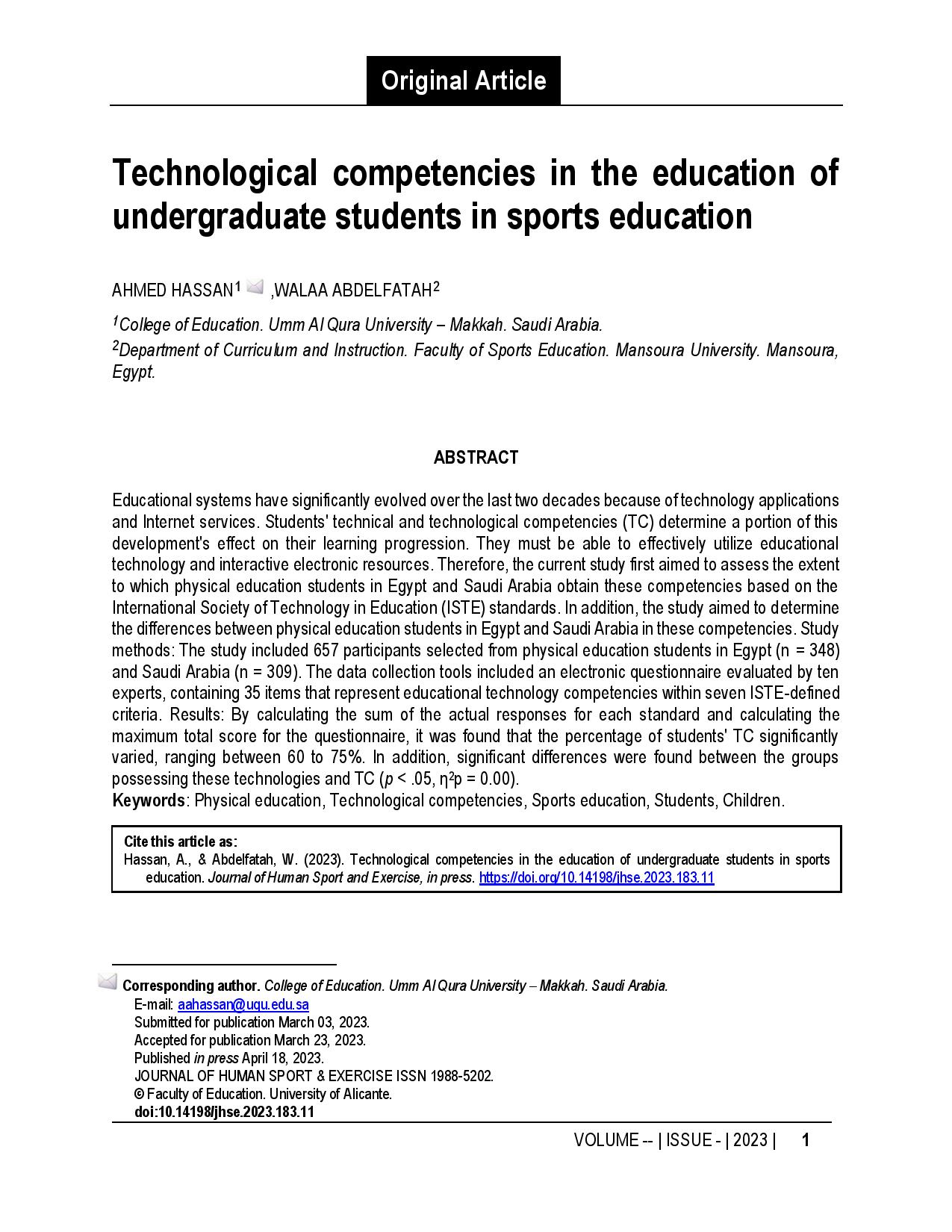 Technological competencies in the education of undergraduate students in sports education