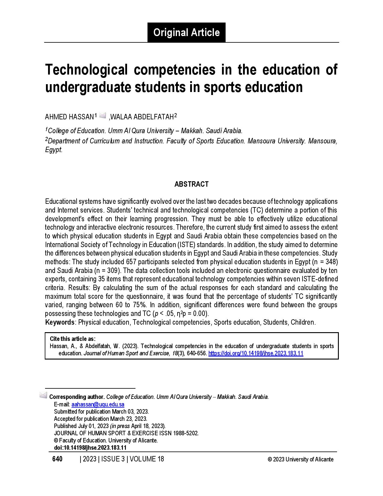 Technological competencies in the education of undergraduate students in sports education