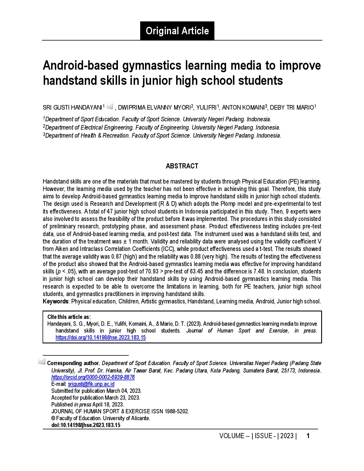 Android-based gymnastics learning media to improve handstand skills in junior high school students