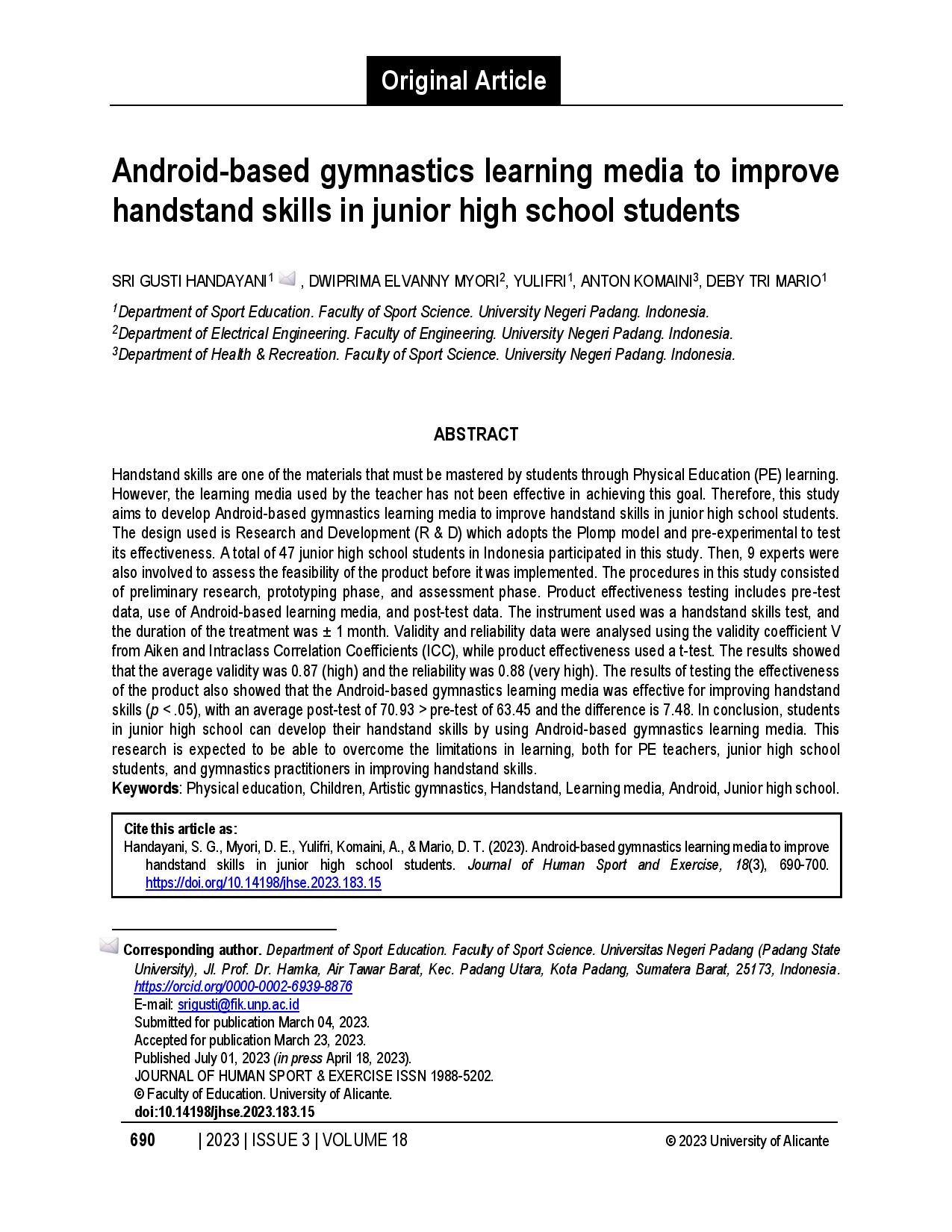 Android-based gymnastics learning media to improve handstand skills in junior high school students
