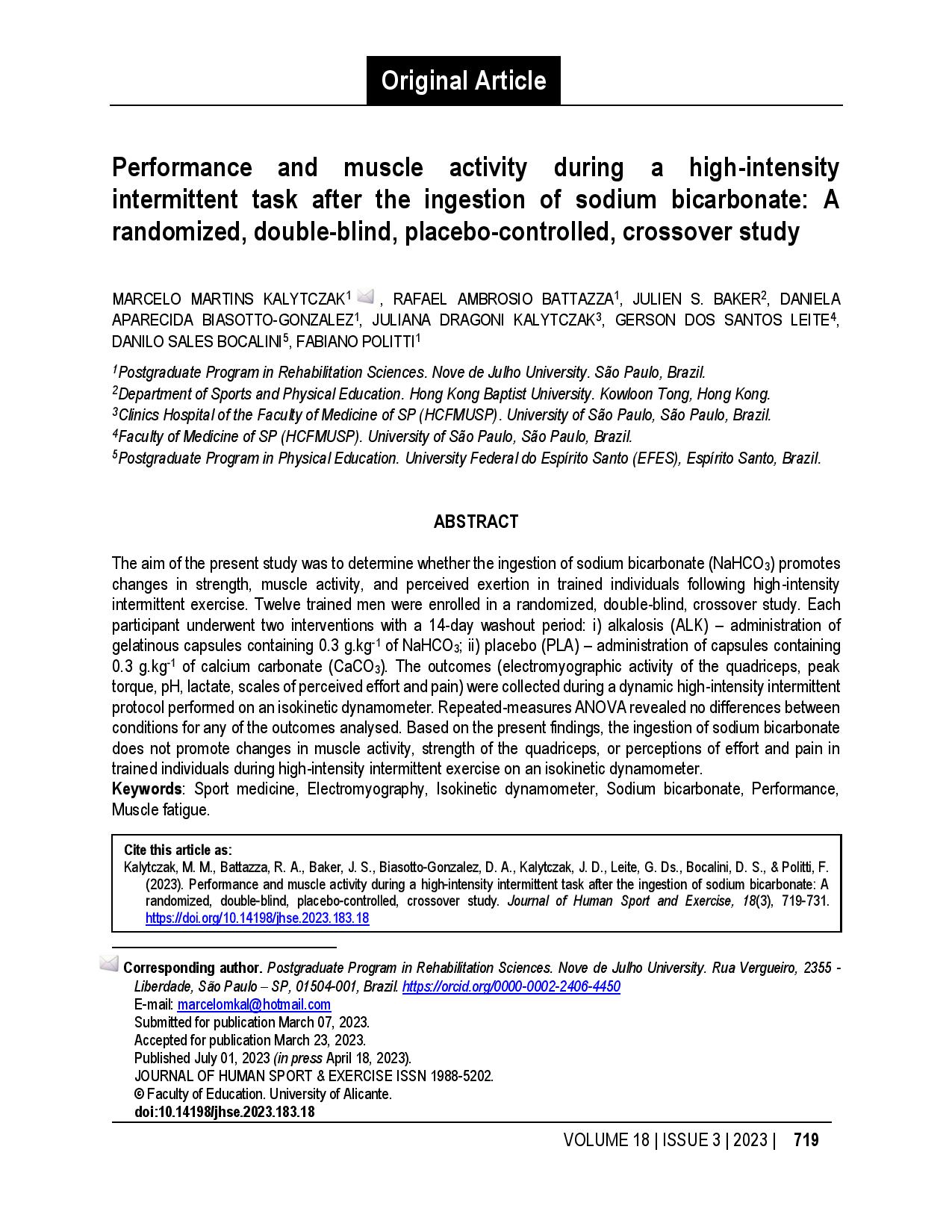 Performance and muscle activity during a high-intensity intermittent task after the ingestion of sodium bicarbonate: A randomized, double-blind, placebo-controlled, crossover study