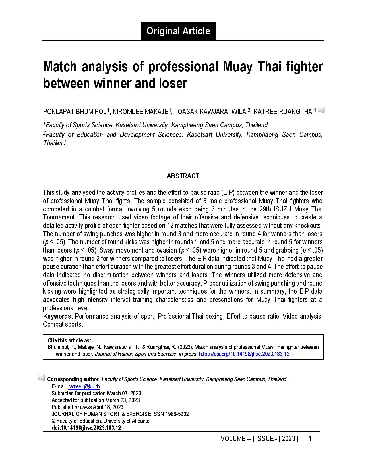 Match analysis of professional Muay Thai fighter between winner and loser