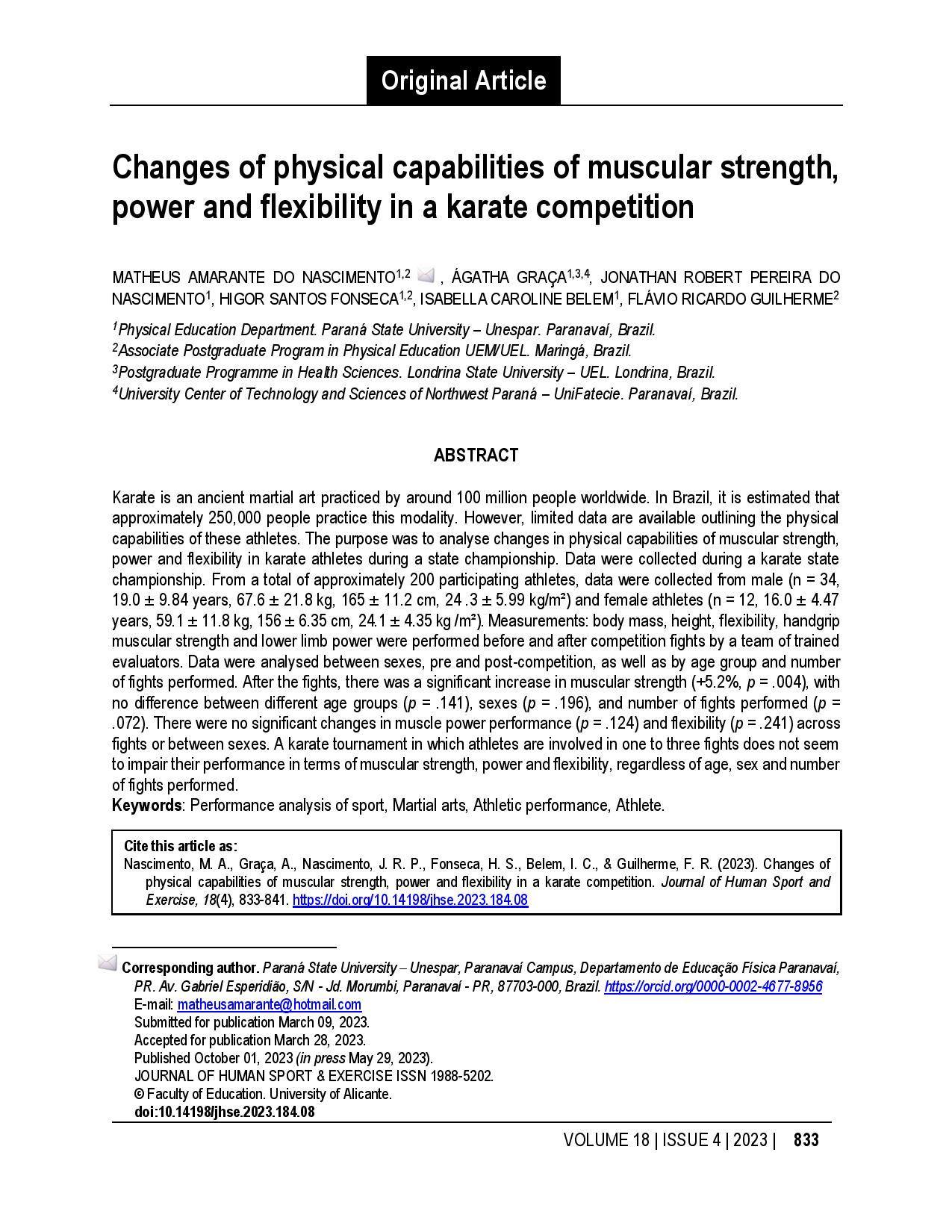 Changes of physical capabilities of muscular strength, power and flexibility in a karate competition