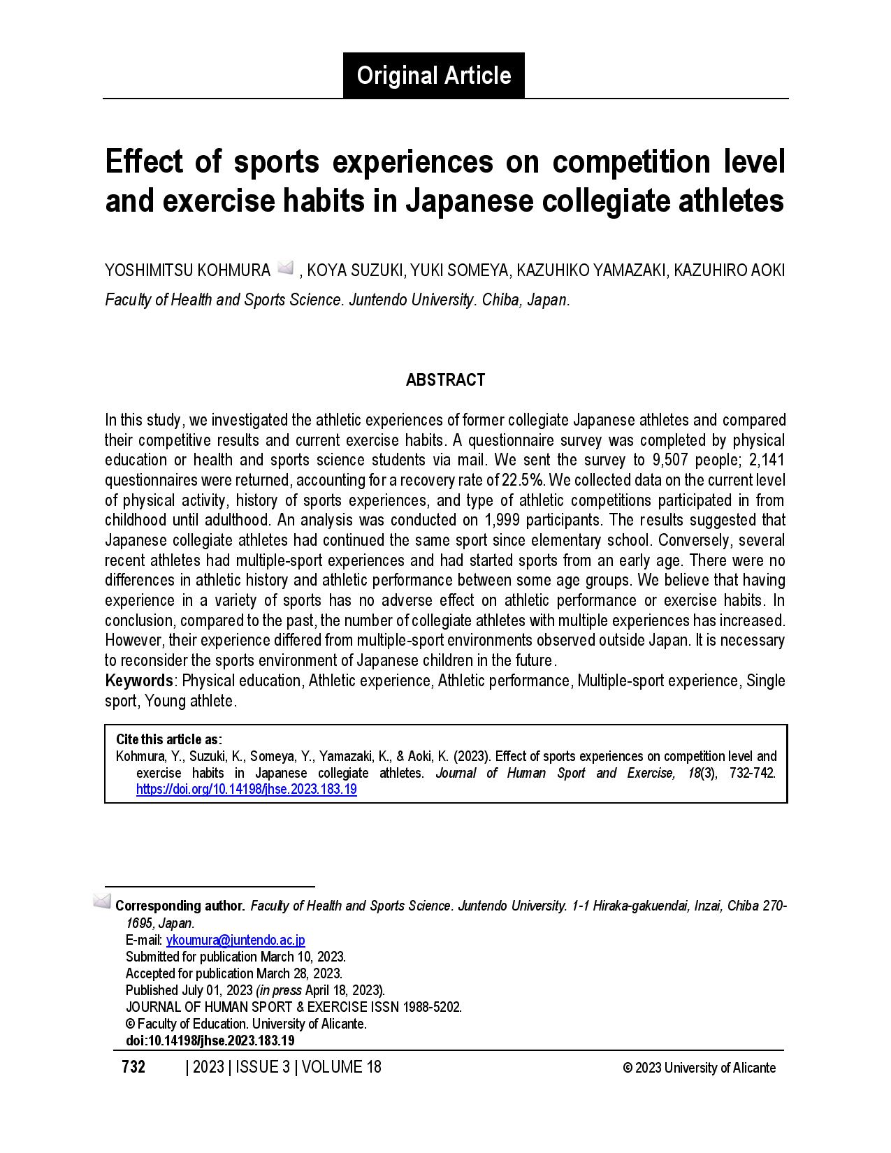Effect of sports experiences on competition level and exercise habits in Japanese collegiate athletes
