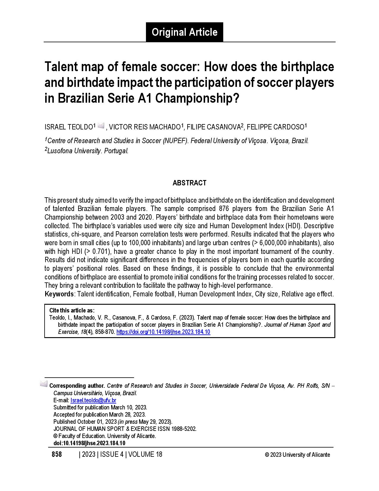 Talent map of female soccer: How does the birthplace and birthdate impact the participation of soccer players in Brazilian Serie A1 Championship?