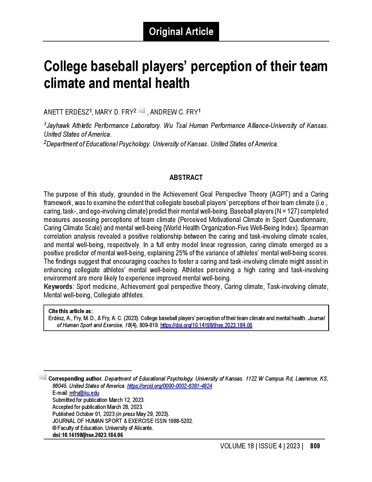 College baseball players’ perception of their team climate and mental health