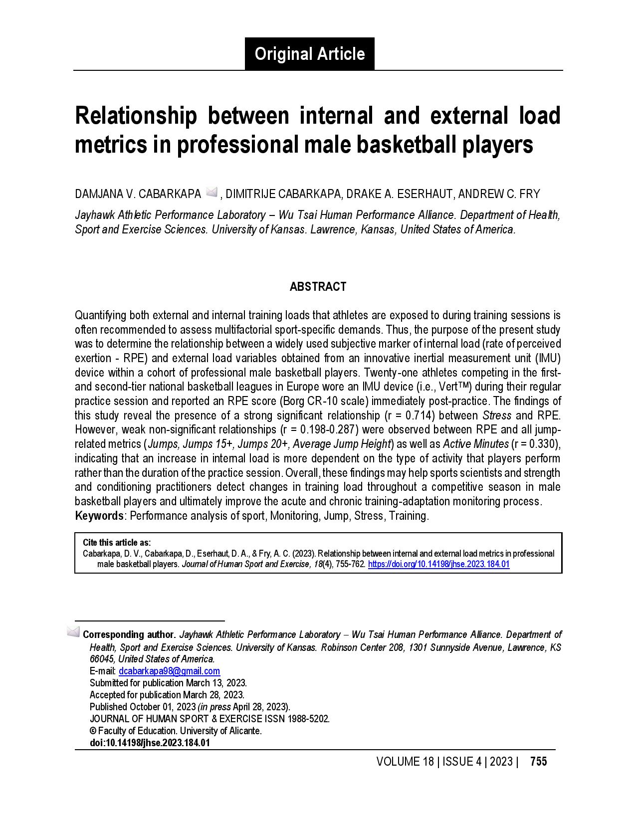 Relationship between internal and external load metrics in professional male basketball players
