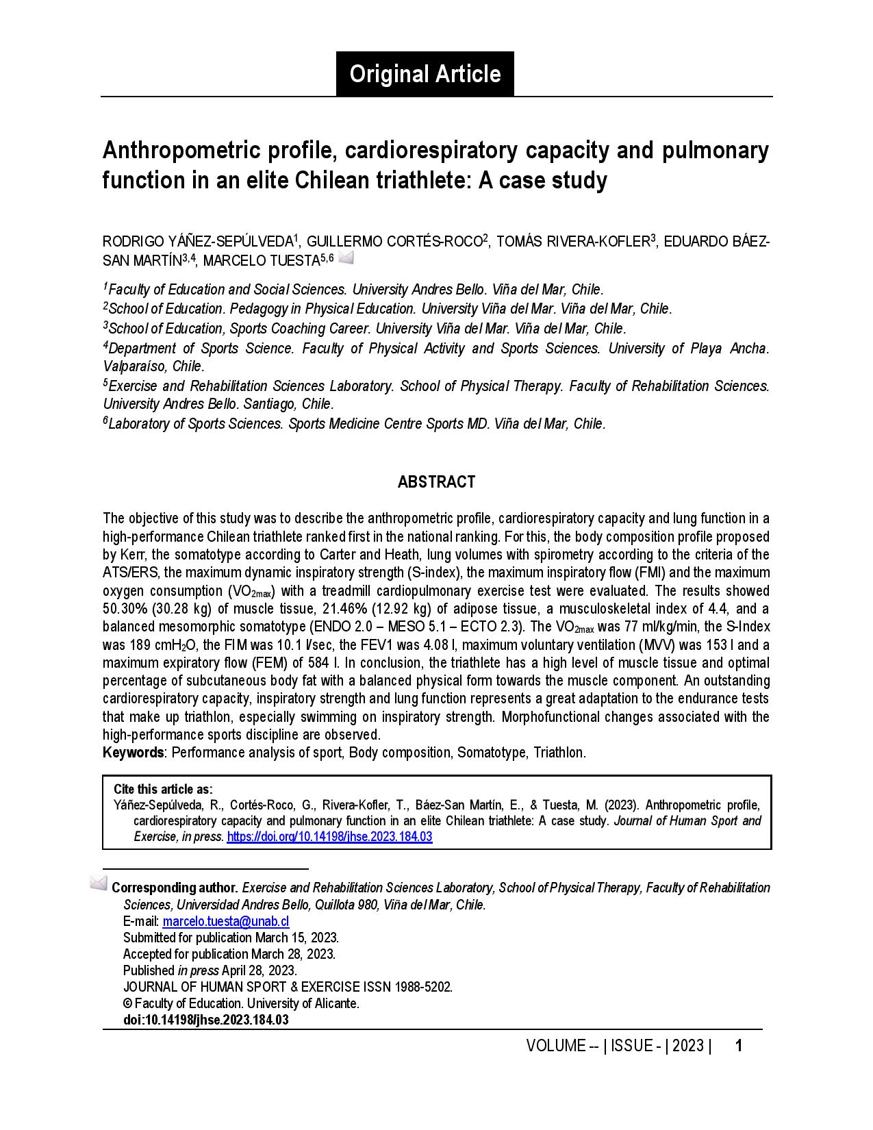 Anthropometric profile, cardiorespiratory capacity and pulmonary function in an elite Chilean triathlete: A case study