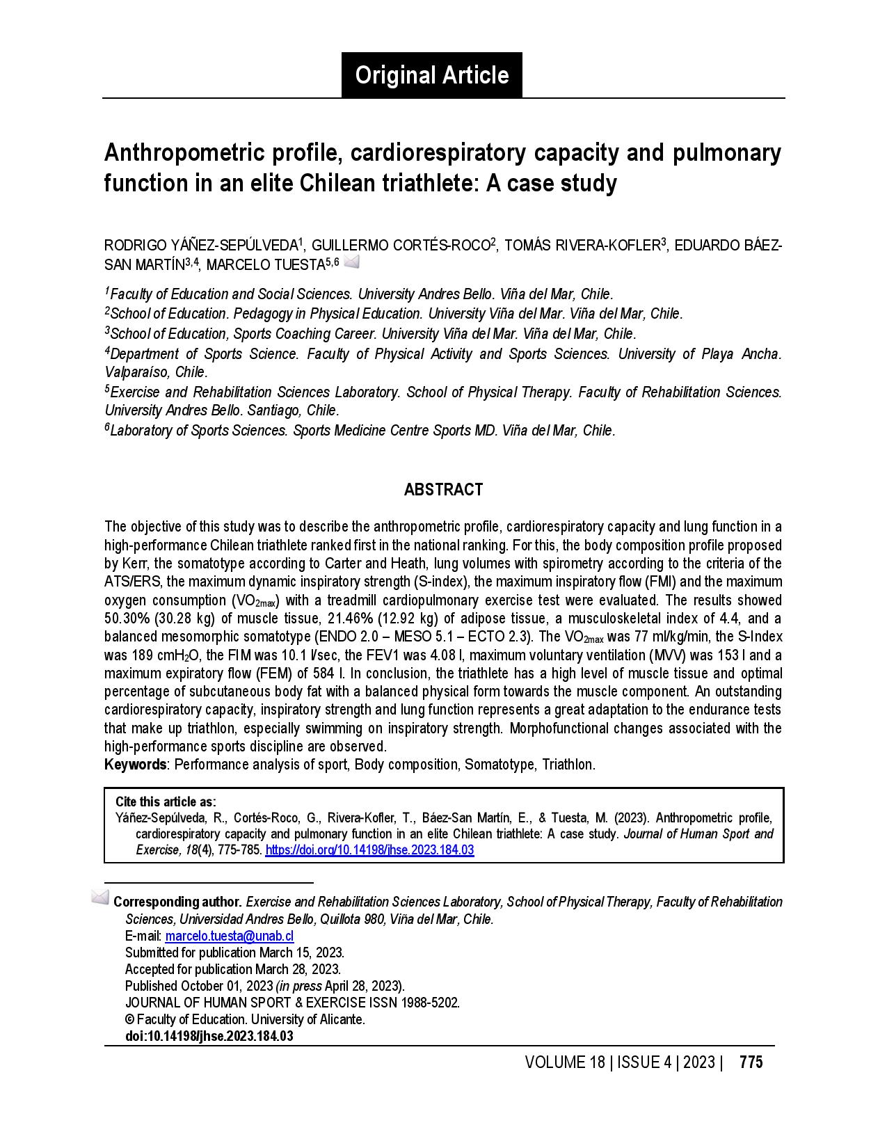 Anthropometric profile, cardiorespiratory capacity and pulmonary function in an elite Chilean triathlete: A case study