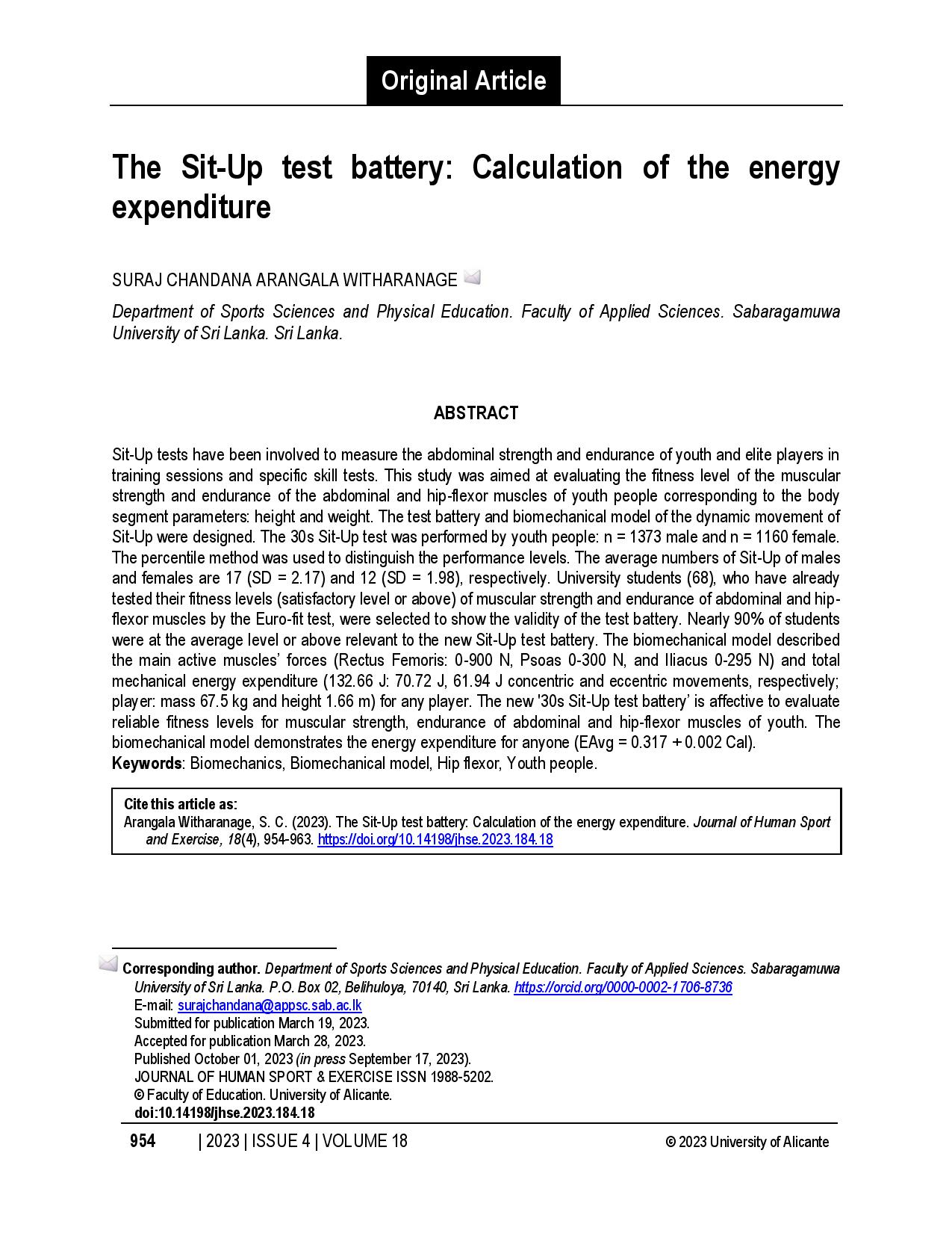 The Sit-Up test battery: Calculation of the energy expenditure