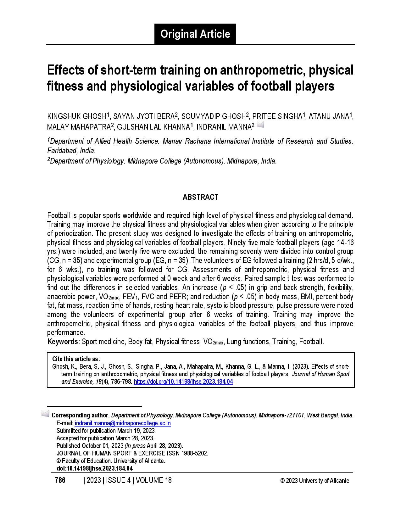 Effects of short-term training on anthropometric, physical fitness and physiological variables of football players