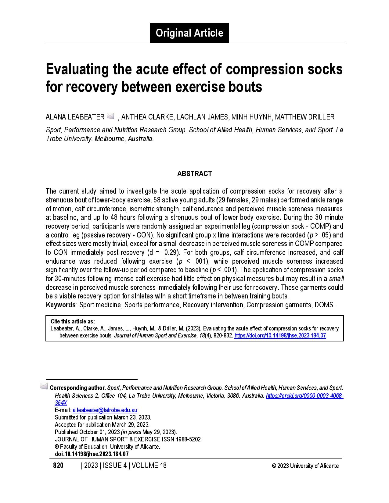 Evaluating the acute effect of compression socks for recovery between exercise bouts