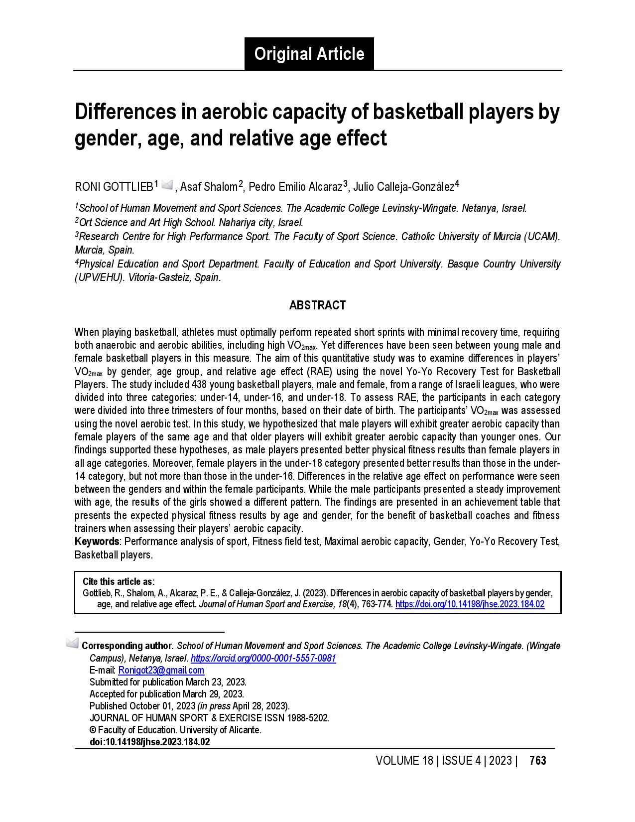 Differences in aerobic capacity of basketball players by gender, age, and relative age effect