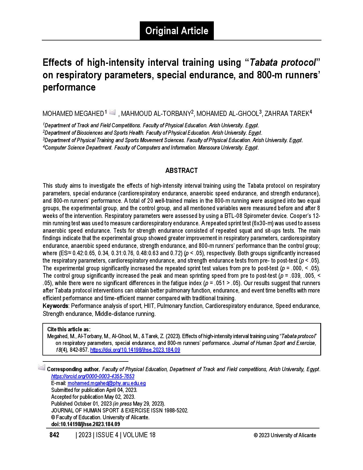 Effects of high-intensity interval training using “Tabata protocol” on respiratory parameters, special endurance, and 800-m runners’ performance