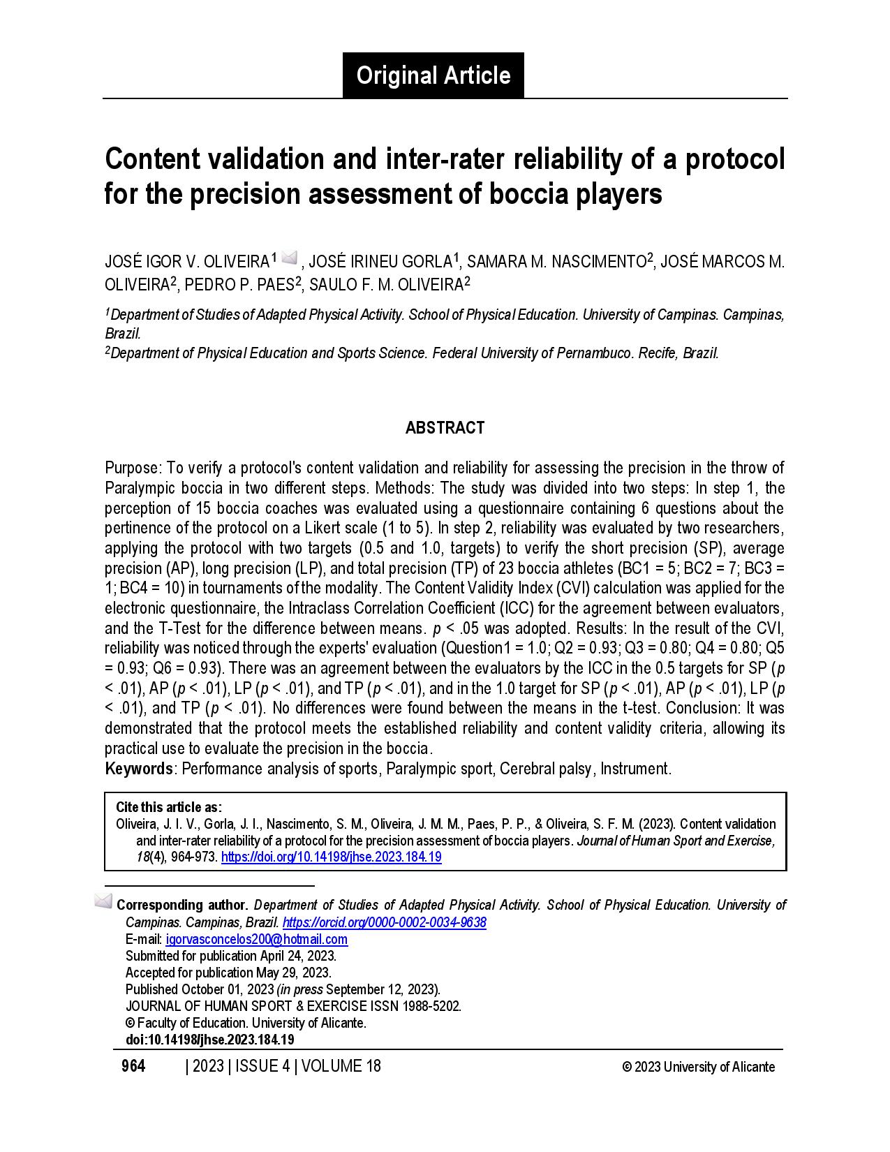 Content validation and inter-rater reliability of a protocol for the precision assessment of boccia players