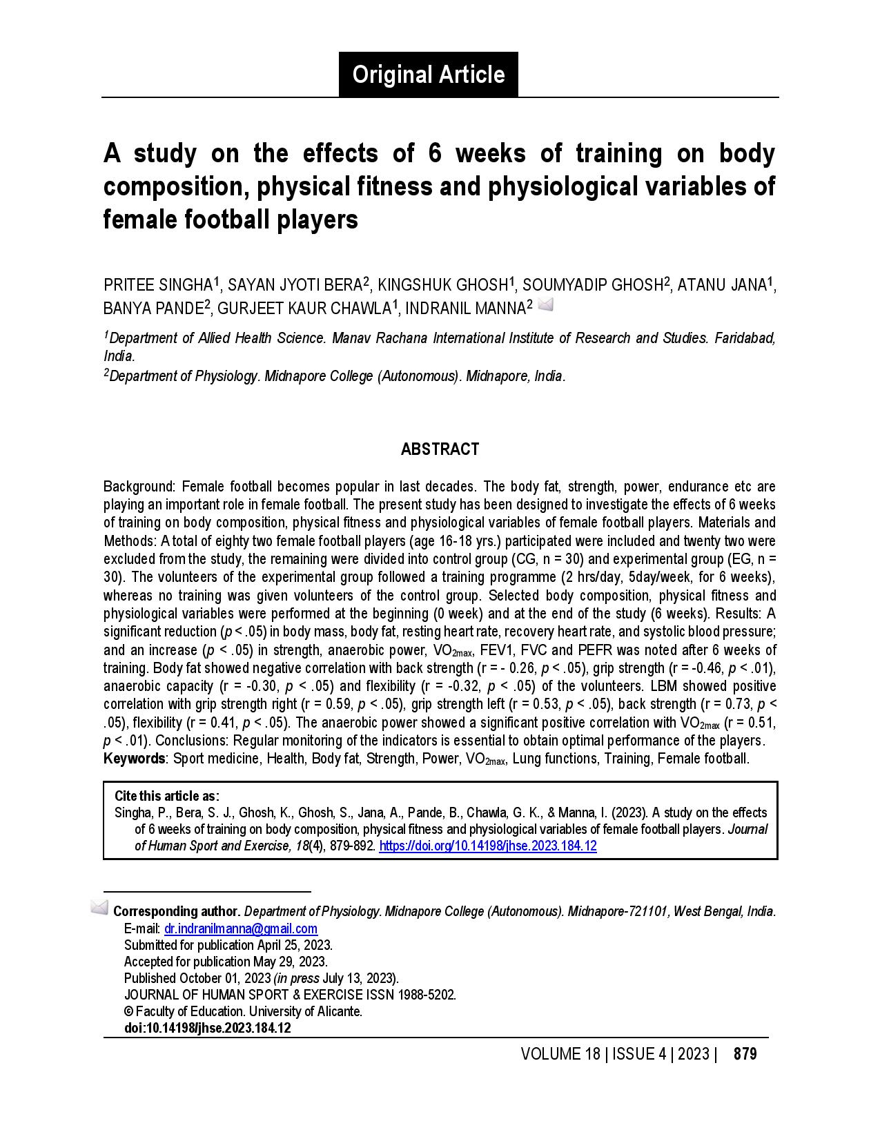 A study on the effects of 6 weeks of training on body composition, physical fitness and physiological variables of female football players