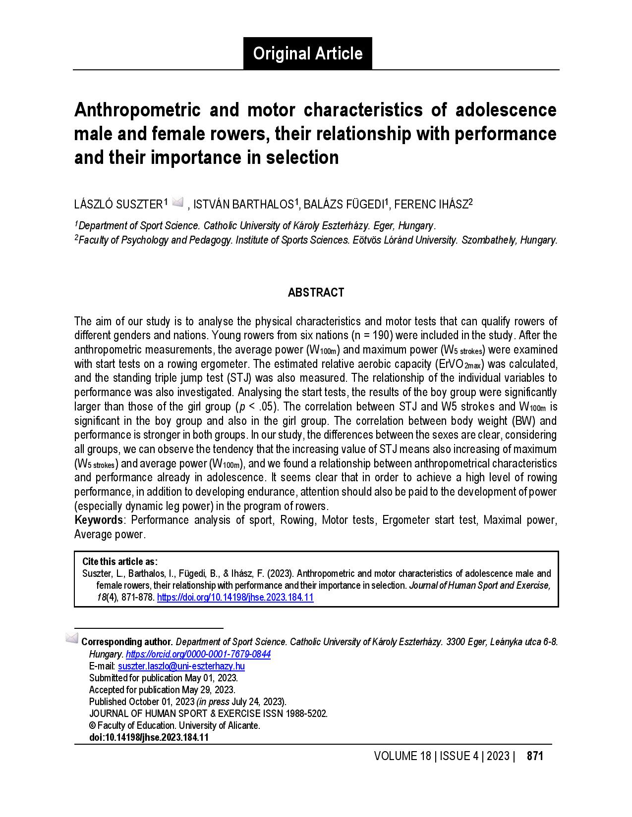 Anthropometric and motor characteristics of adolescence male and female rowers, their relationship with performance and their importance in selection
