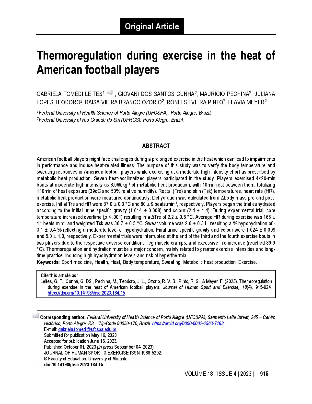 Thermoregulation during exercise in the heat of American football players