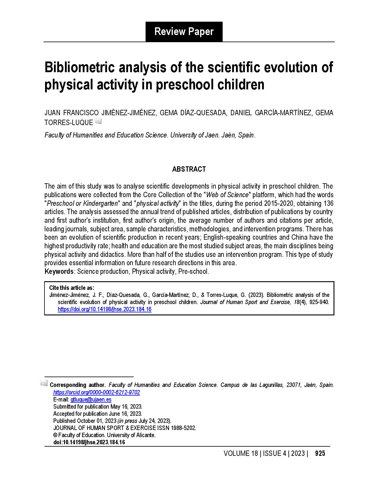 Bibliometric analysis of the scientific evolution of physical activity in preschool children
