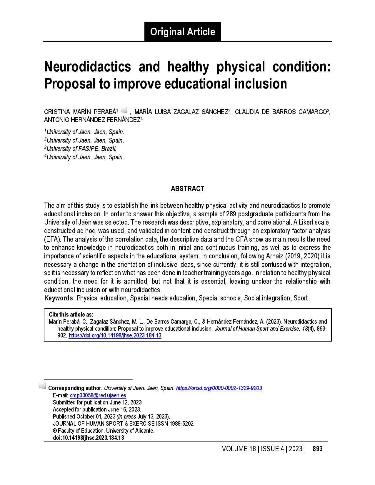 Neurodidactics and healthy physical condition: Proposal to improve educational inclusion